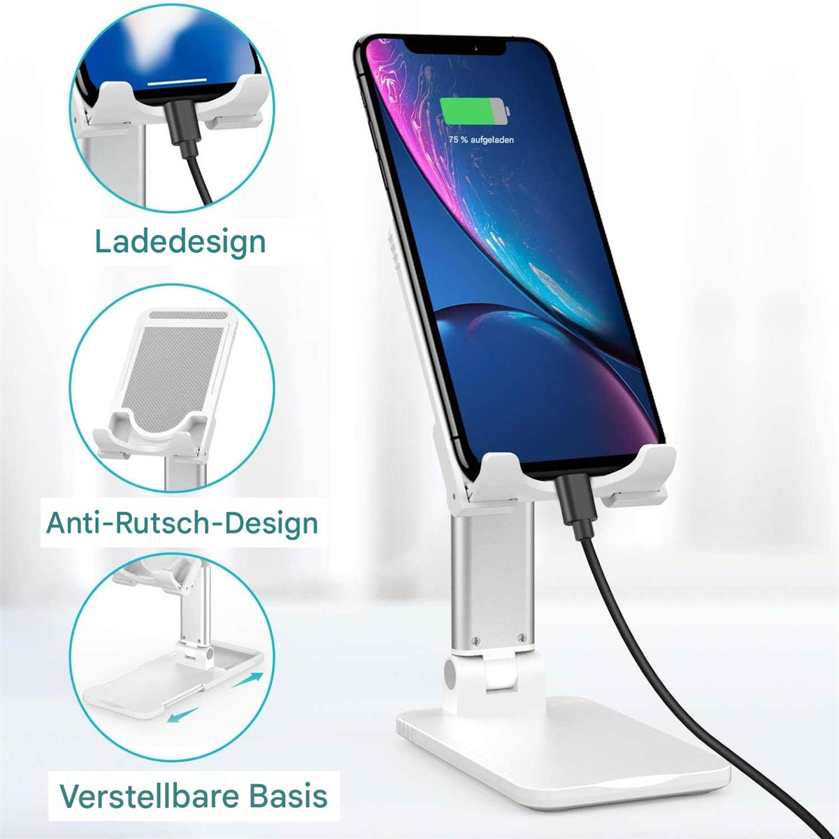 Weißer Telefonständer mit Ladung. Zeigt Ladezustand, beschriftet mit Ladedesign und Anti-Rutsch-Design.