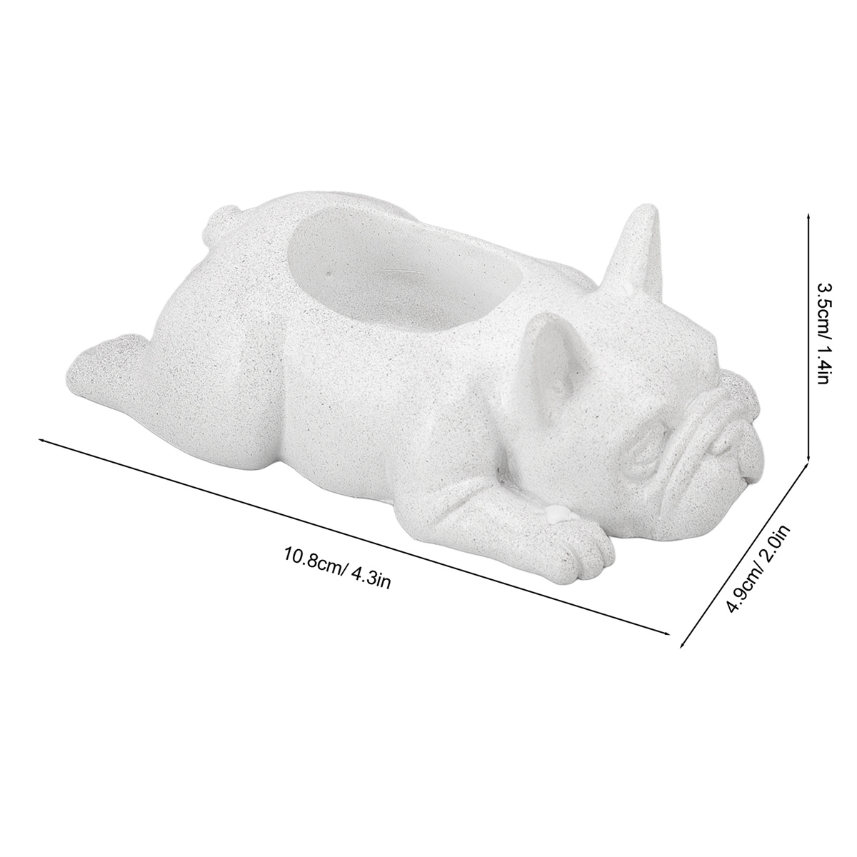 Weißer Bulldoggen-Topf. Maße sind auf dem Bild angegeben. Weißer Hintergrund.