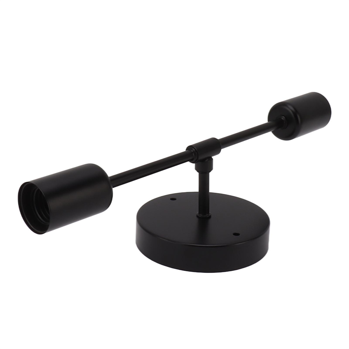 Schwarze Leuchte mit zwei Glühbirnen. Sie hat einen runden Sockel und einen horizontalen Arm.