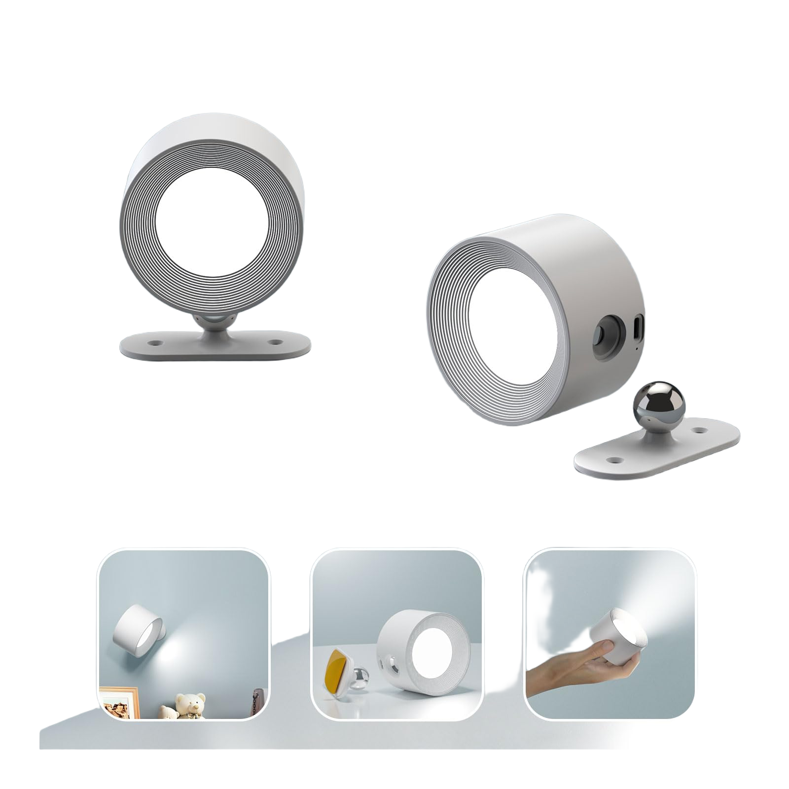 Weiße Wandleuchten mit kreisförmigem Design, aus verschiedenen Winkeln gezeigt.