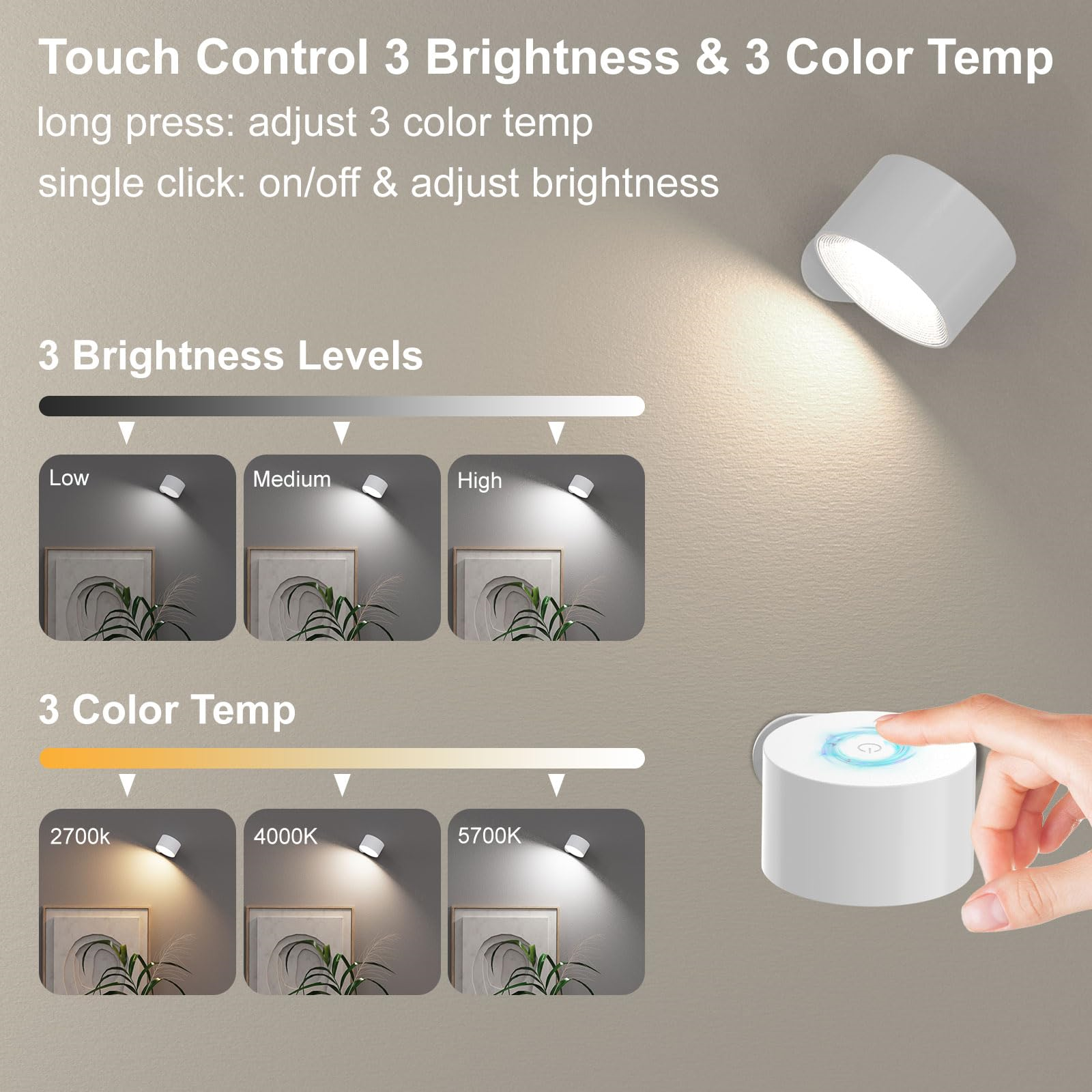 Diagramm, das eine Touch-Control-Lampe mit drei Helligkeits- und Farbtemperaturoptionen zeigt.