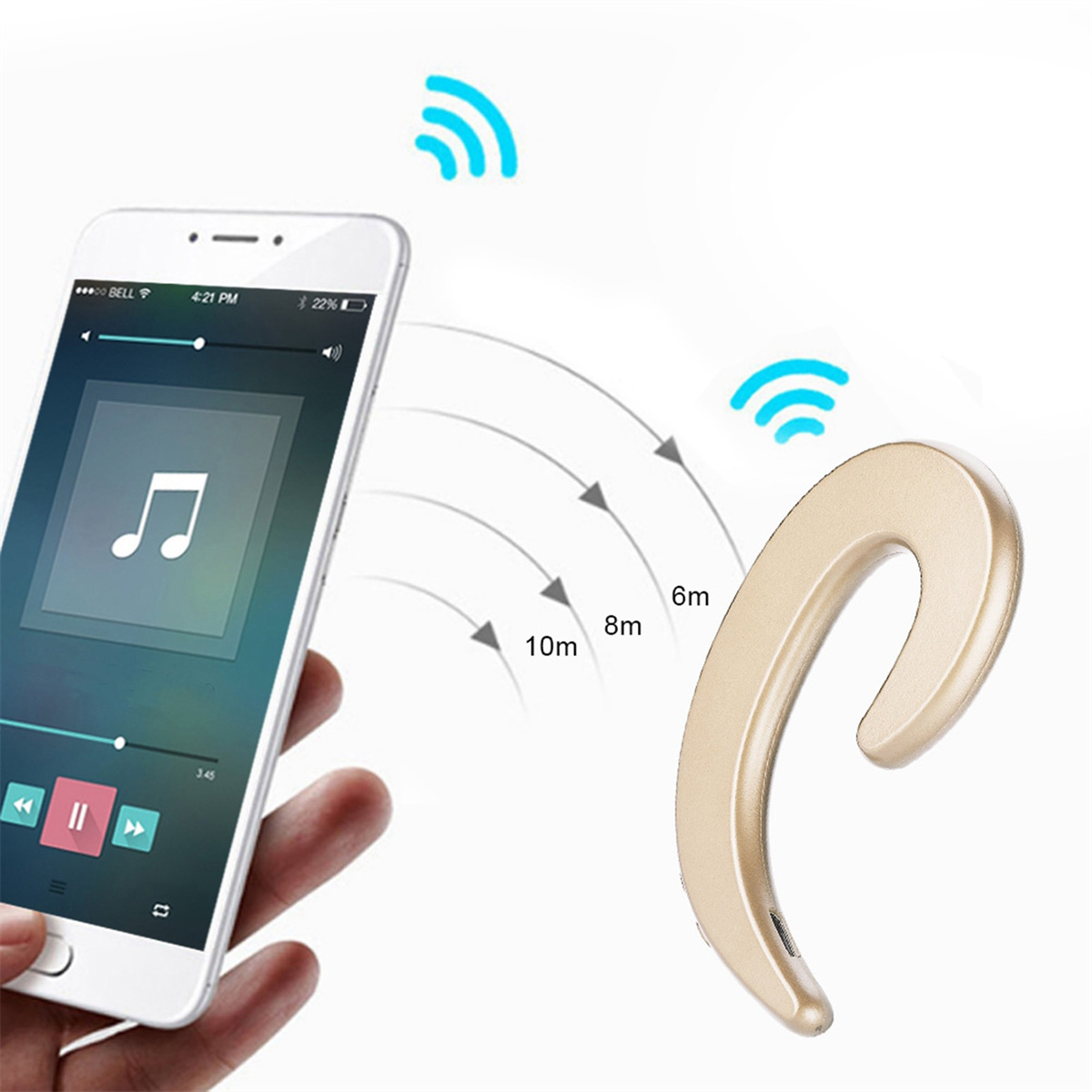 Ein goldener kabelloser Ohrhörer neben einem Smartphone mit Musik, mit Signalbögen.