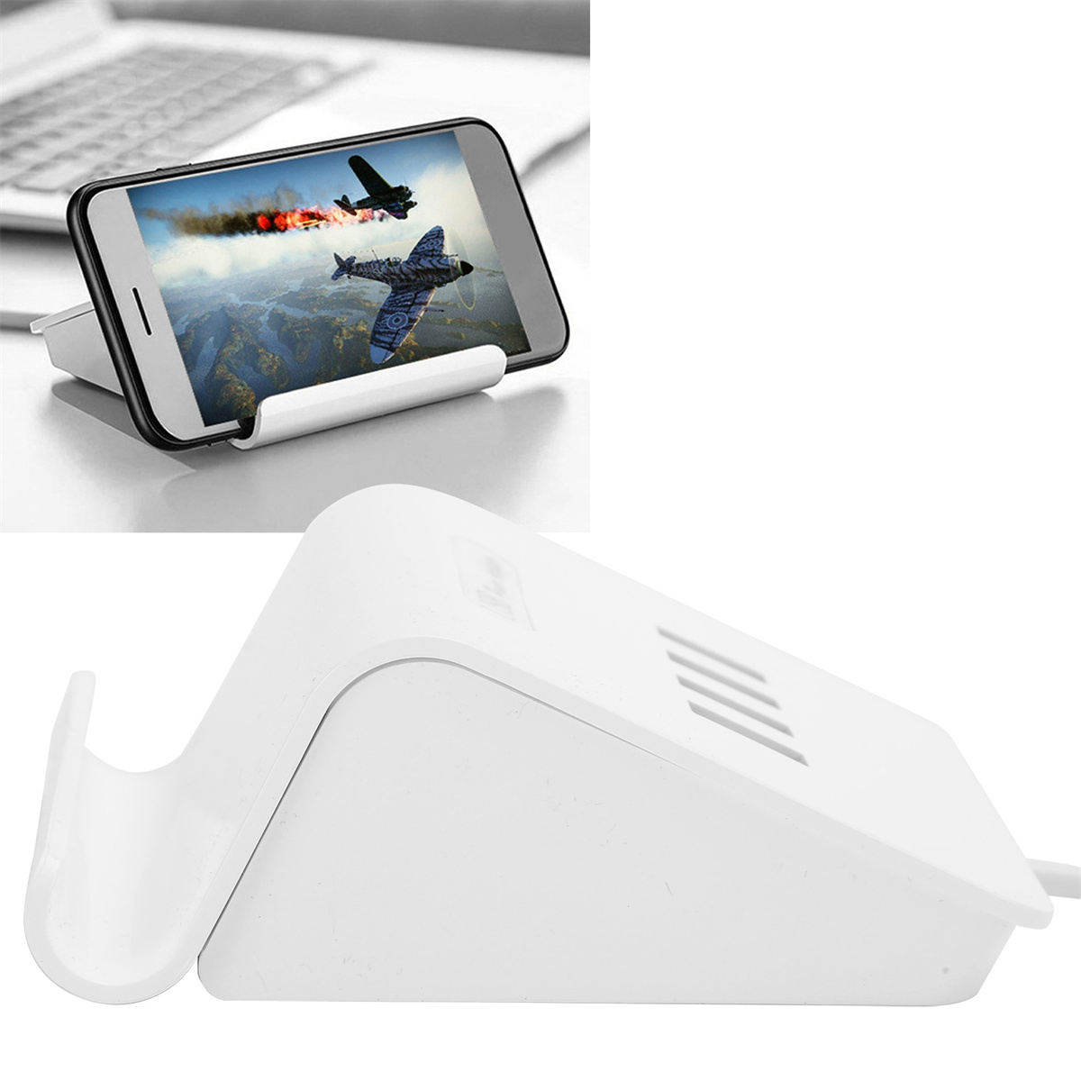 Weißer Telefonhalter mit einem Telefon, das ein Flugzeugspiel anzeigt.