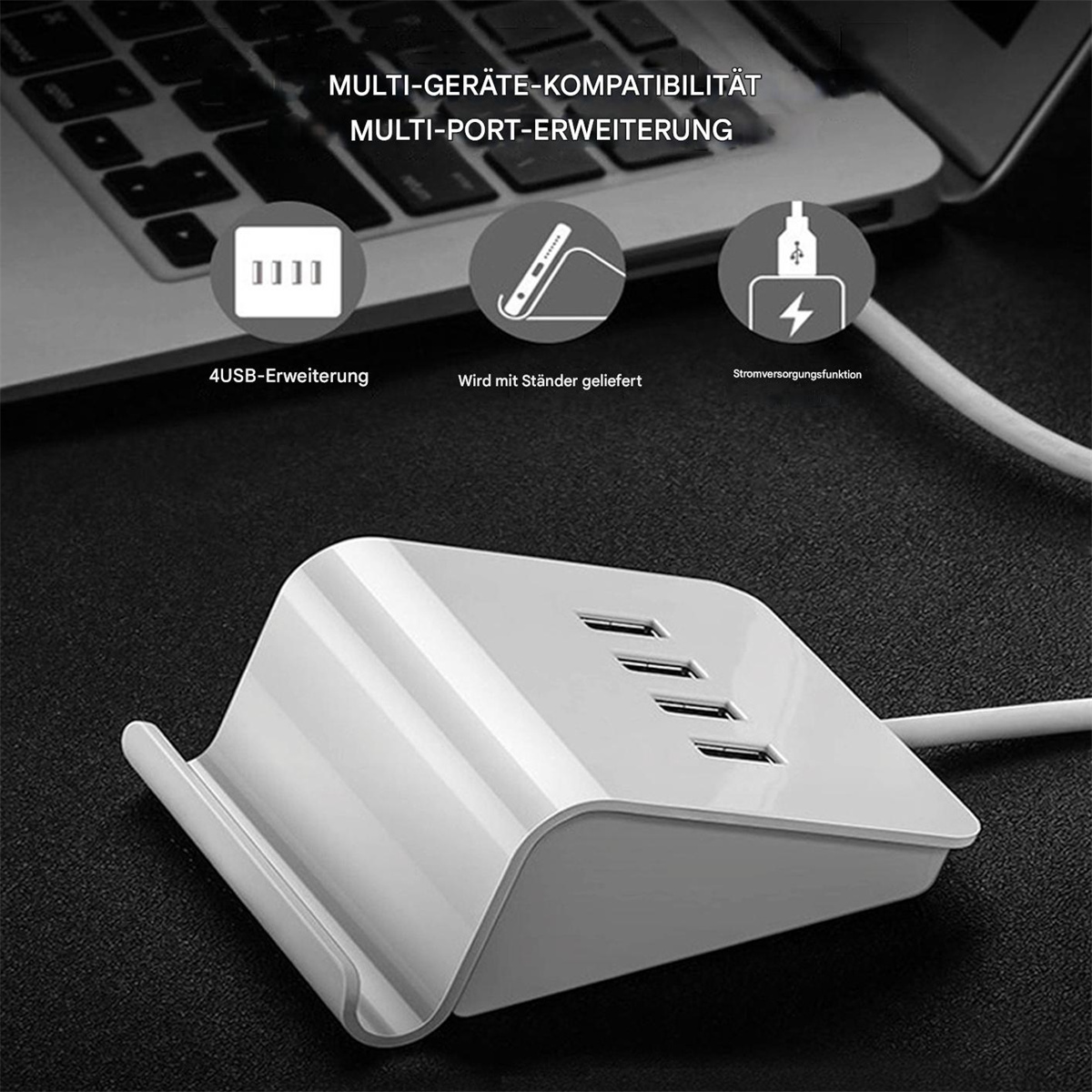 Weißes Multi-Port-Gerät mit USB-Anschlüssen. Text: Multi-Geräte-Kompatibilität. Multi-Port-Erweiterung.
