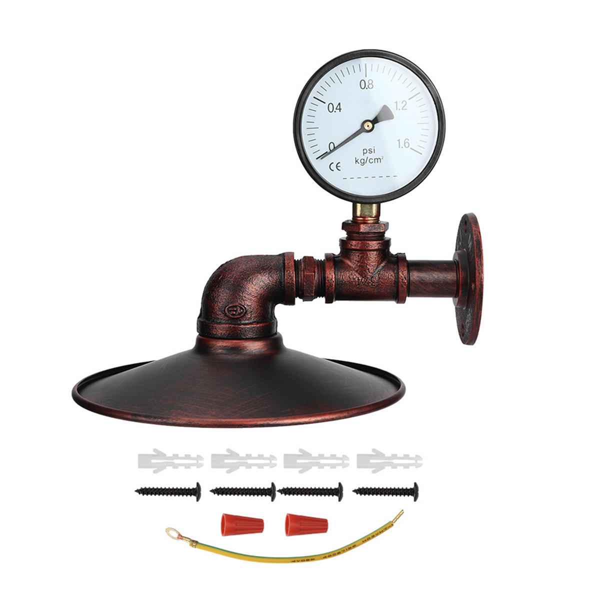 Ein kupferfarbenes Manometer, das mit Schrauben und einem Erdungskabel an Rohren befestigt ist.