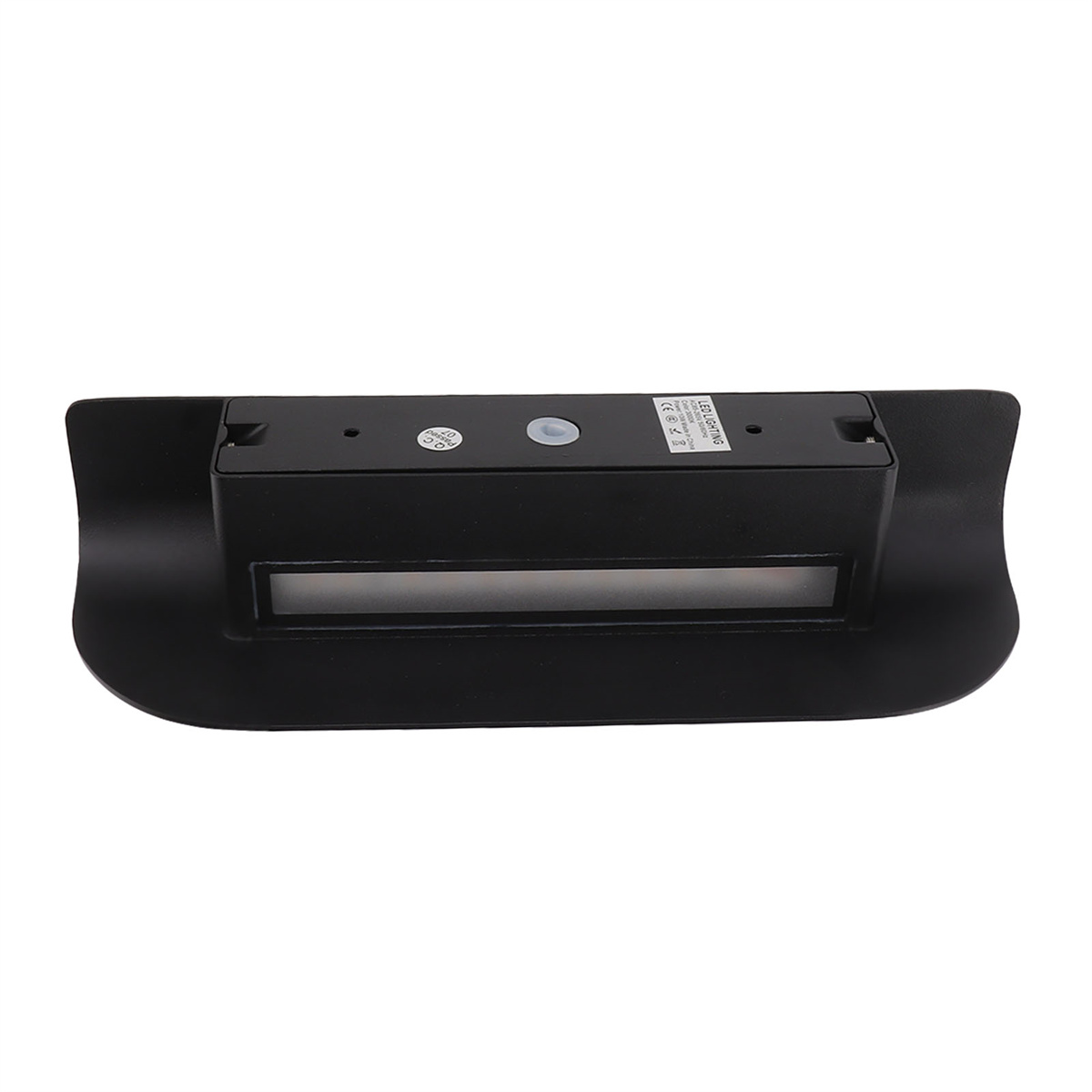 Eine schwarze LED-Leuchte mit rechteckigem Licht, auf schwarzer gebogener Basis, Draufsicht.