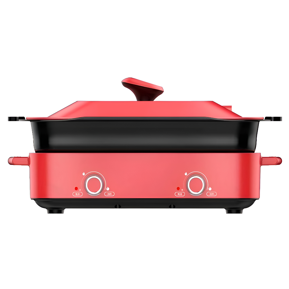 Roter und schwarzer elektrischer Hot Pot mit Deckel und Bedienknöpfen, auf weißer Oberfläche.