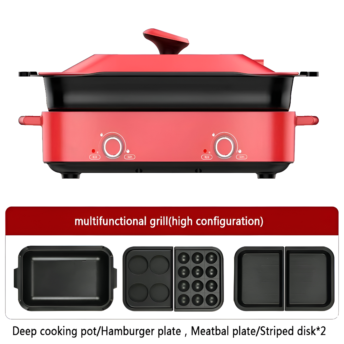 Roter und schwarzer multifunktionaler Grill mit austauschbaren Kochplatten.