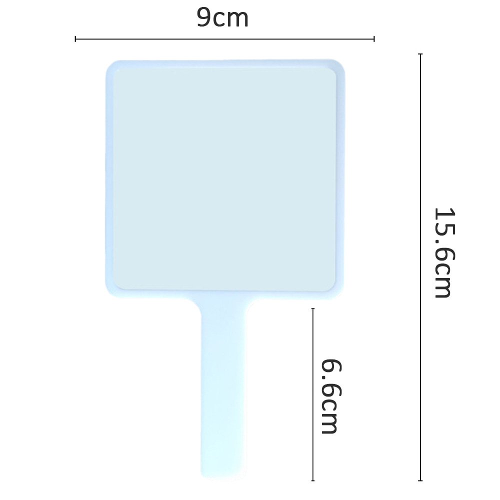 Ein hellblauer quadratischer Handspiegel, Abmessungen sind auf dem Bild angegeben.
