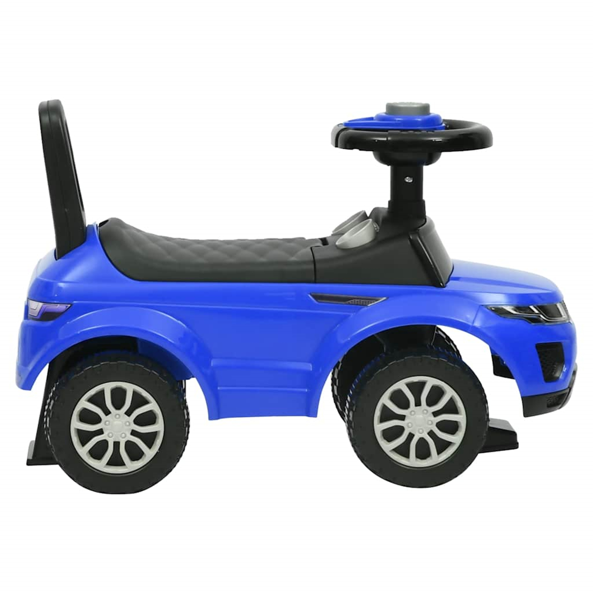 Ein blaues Spielzeugauto mit schwarzem Griff und Lenkrad auf weißem Hintergrund.
