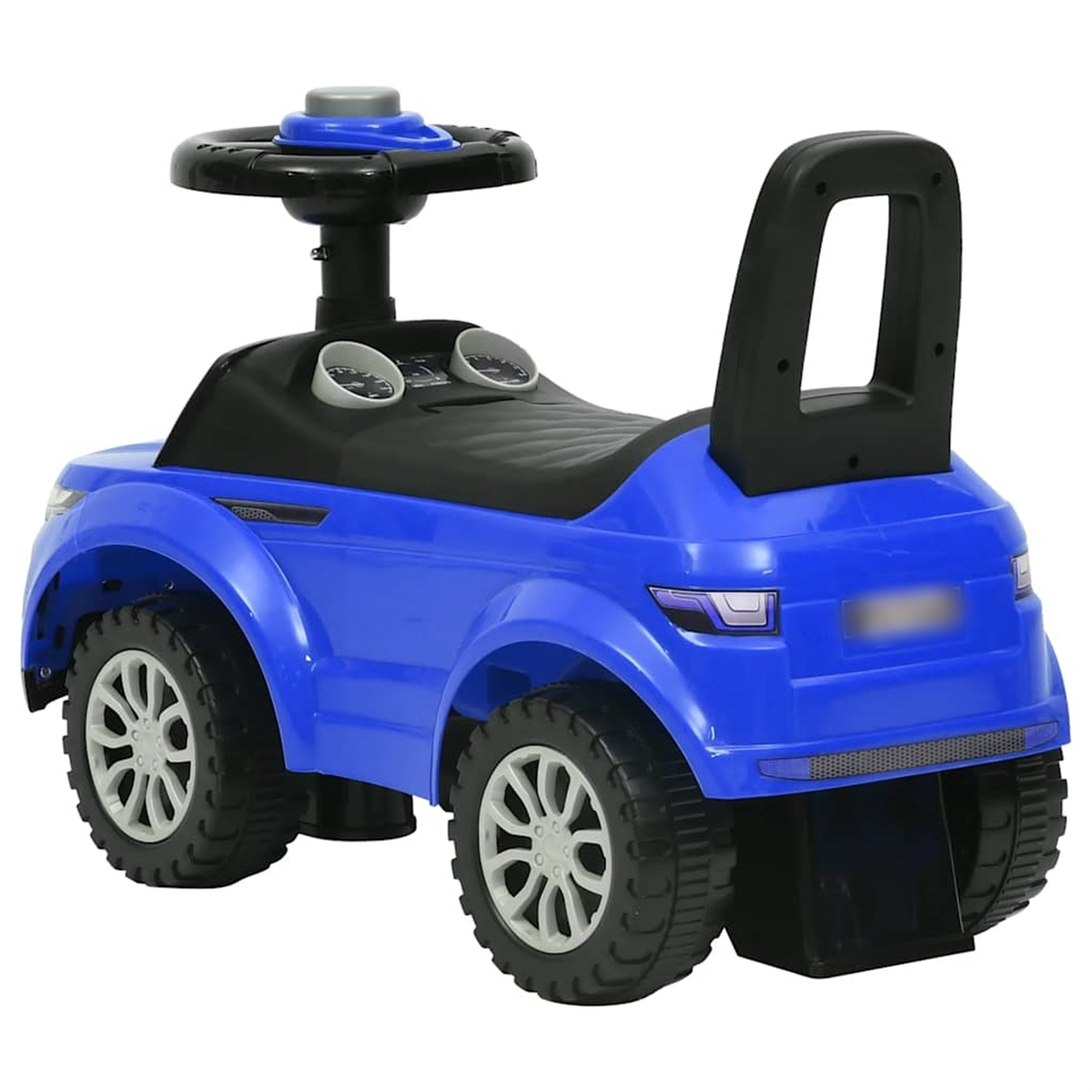 Blaues Spielzeugauto mit schwarzem Sitz, Griff und Rädern, auf weißem Hintergrund. Ein Schiebefahrzeug.