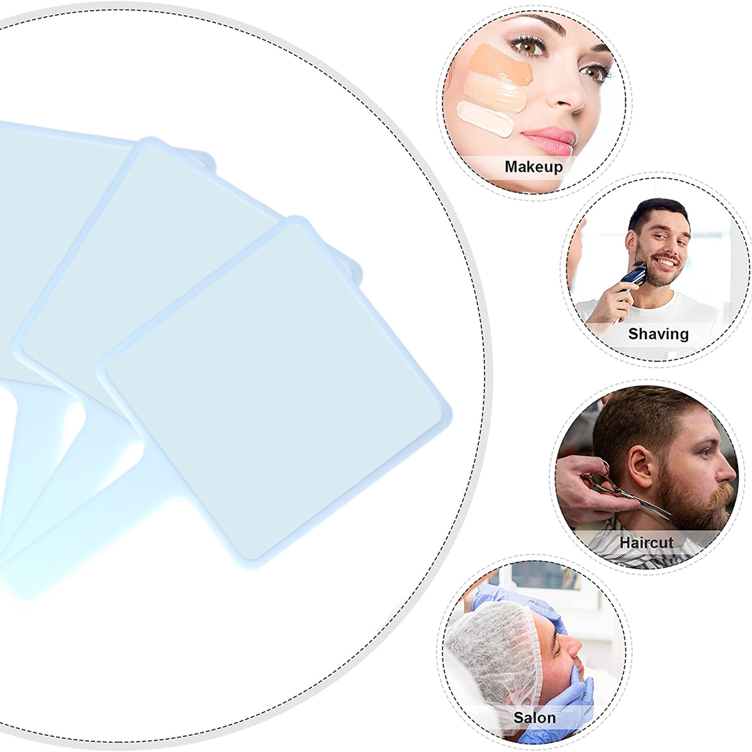 Collage: Make-up, Rasur, Haarschnitt und Salon. Mit Gesichtern und Beauty-Tools.