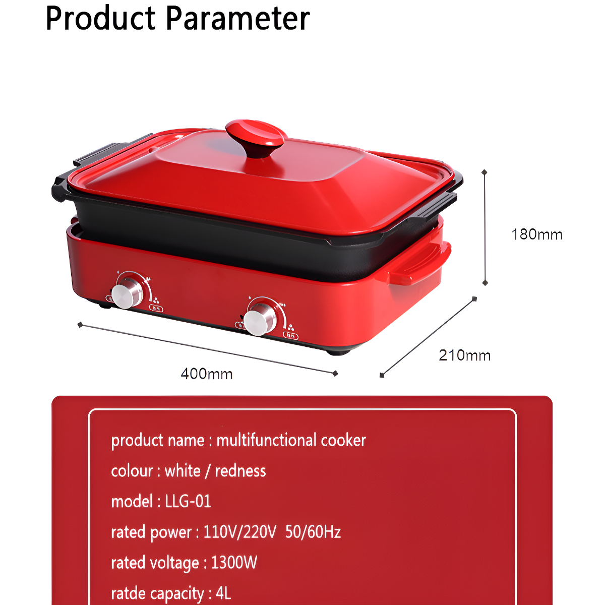 Roter und schwarzer multifunktionaler Kocher mit Abmessungen und Produktdetails.