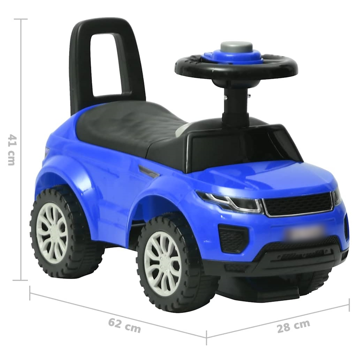 Blaues Spielzeugauto zum Aufsitzen mit schwarzem Sitz und Griff. Weißer Hintergrund. Abmessungen gezeigt.