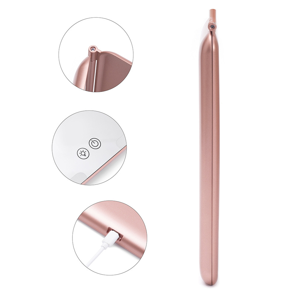 Roségoldenes Gerät mit drei Detailbildern: oben, Seite und Ladeanschluss mit Kabel.