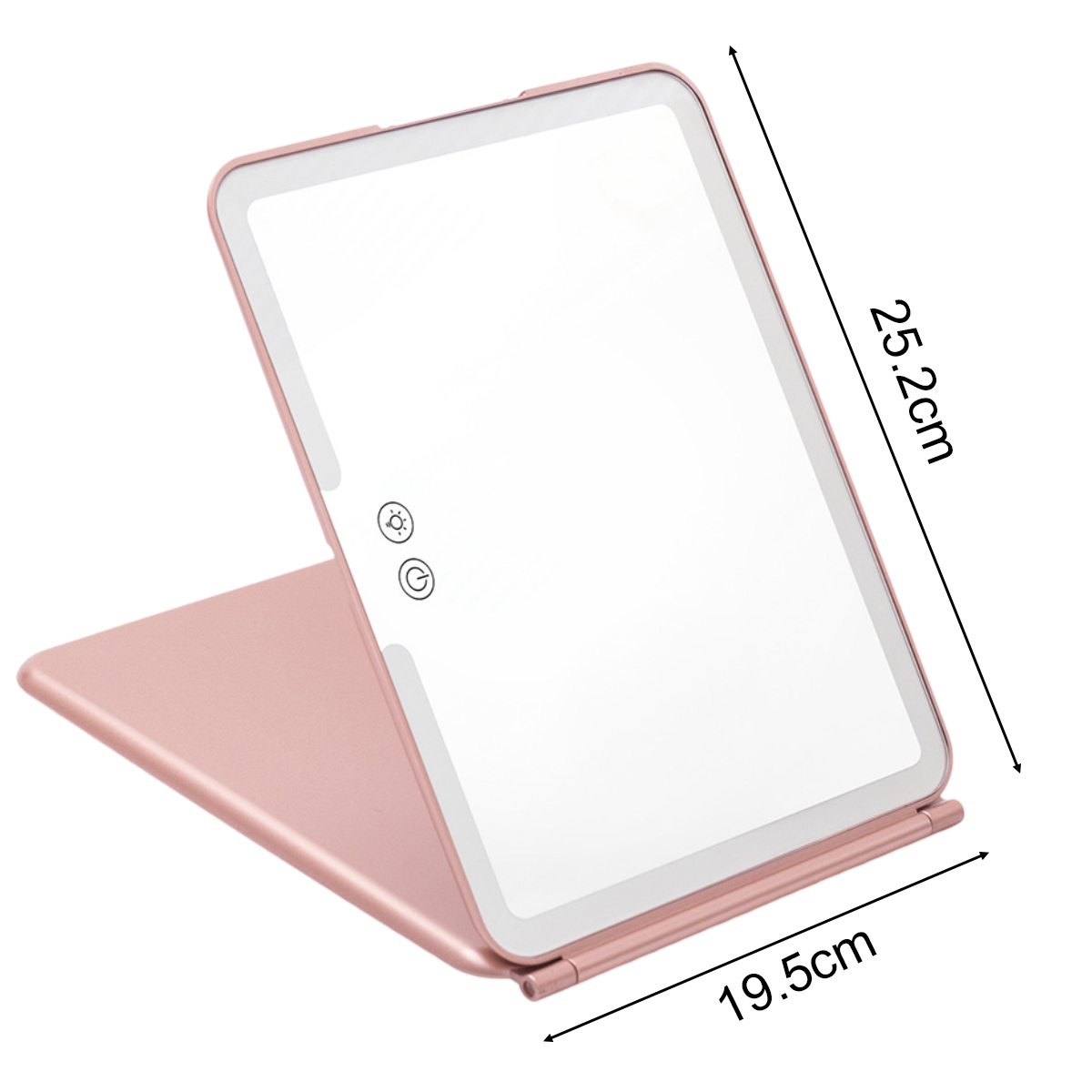 Ein rosa, faltbarer Spiegel mit Abmessungen in cm. Der Spiegel ist offen und hat weiße Lichter.