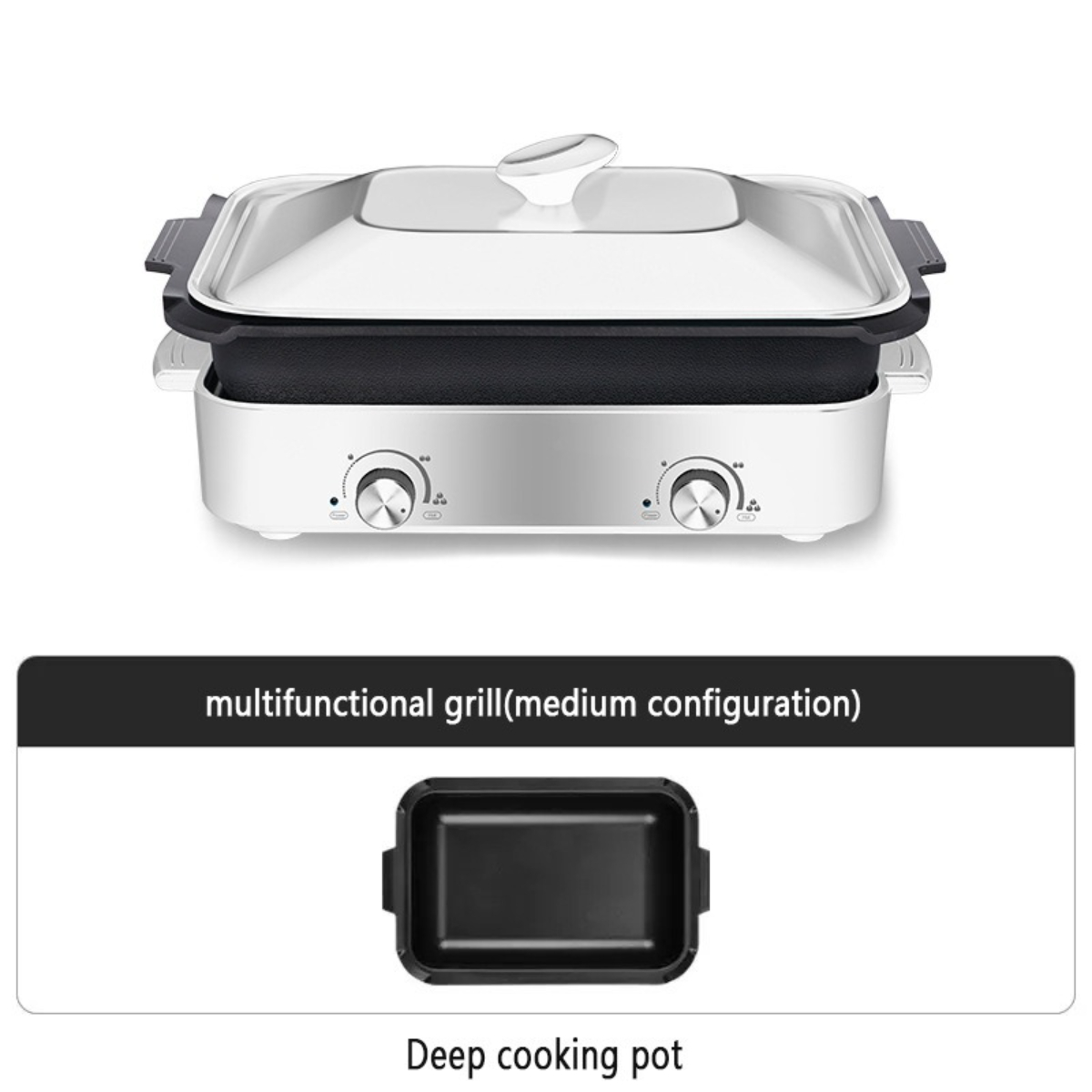 Ein multifunktionaler Grill mit Glasdeckel und einem darunter dargestellten tiefen Kochtopf.