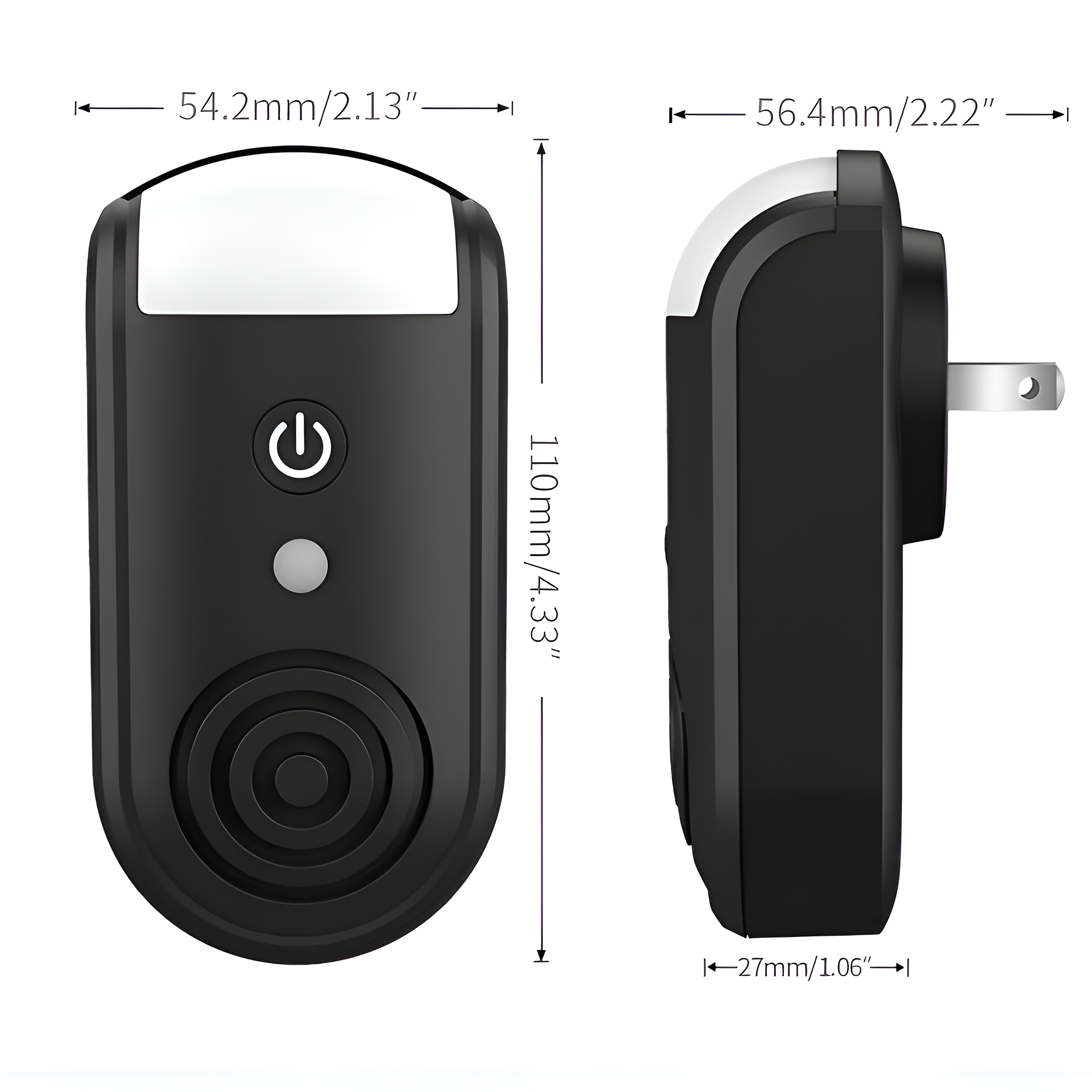Ein schwarzes Plug-in-Gerät mit weißem Licht und einem Knopf, mit Abmessungen in mm und Zoll.