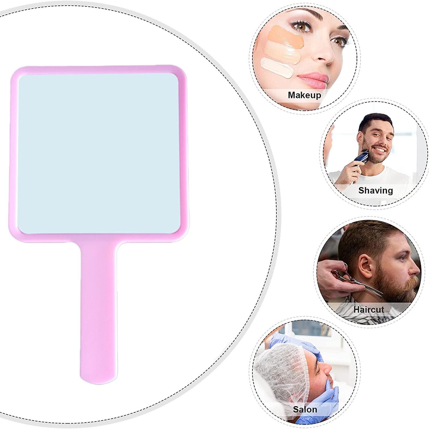 Pinker Handspiegel mit Bildern von Make-up, Rasur, Haarschnitt und Salon.