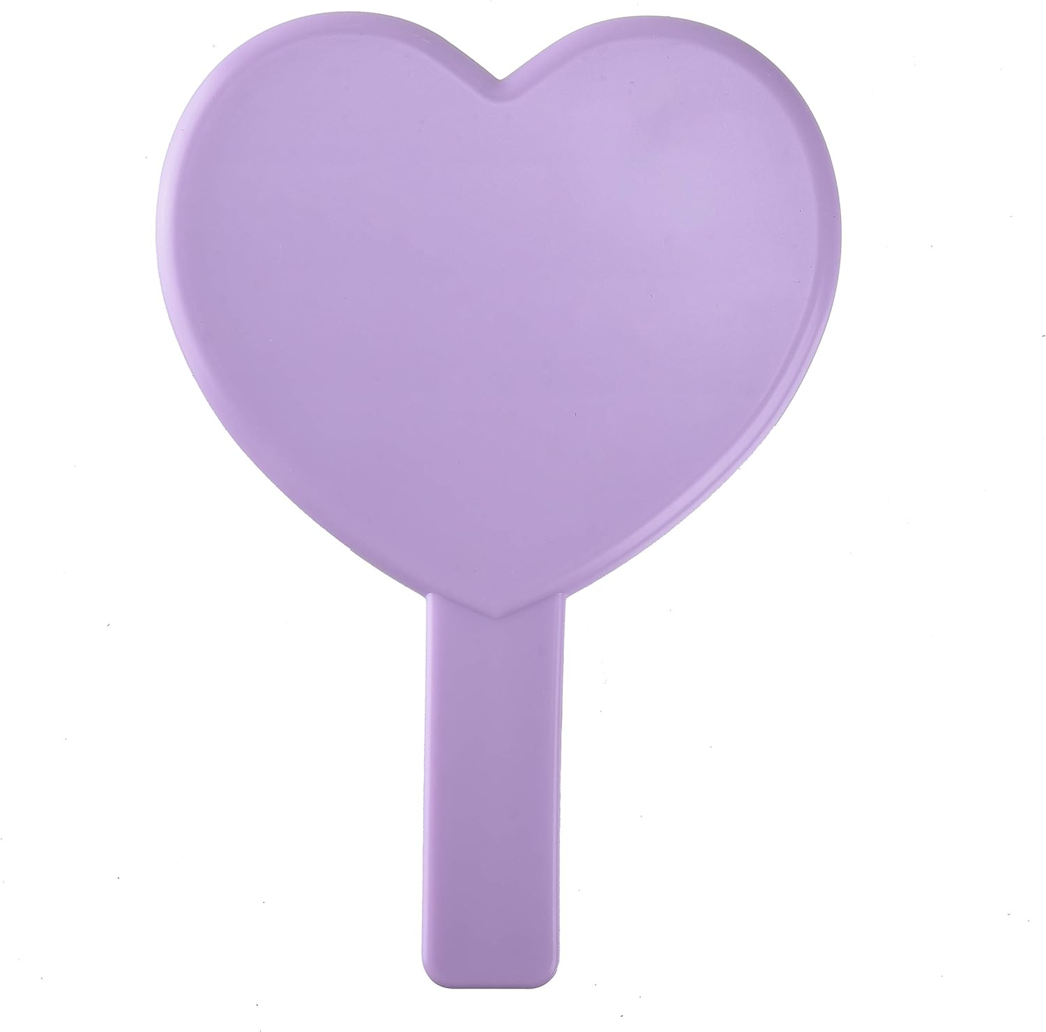Ein herzförmiger, violetter Handspiegel mit langem Griff.