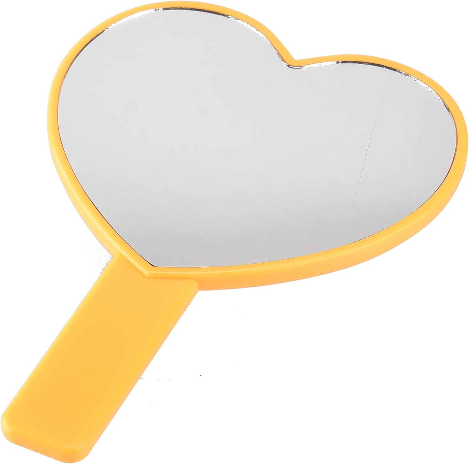 Gelber herzförmiger Handspiegel. Er hat einen Griff und eine reflektierende Oberfläche.