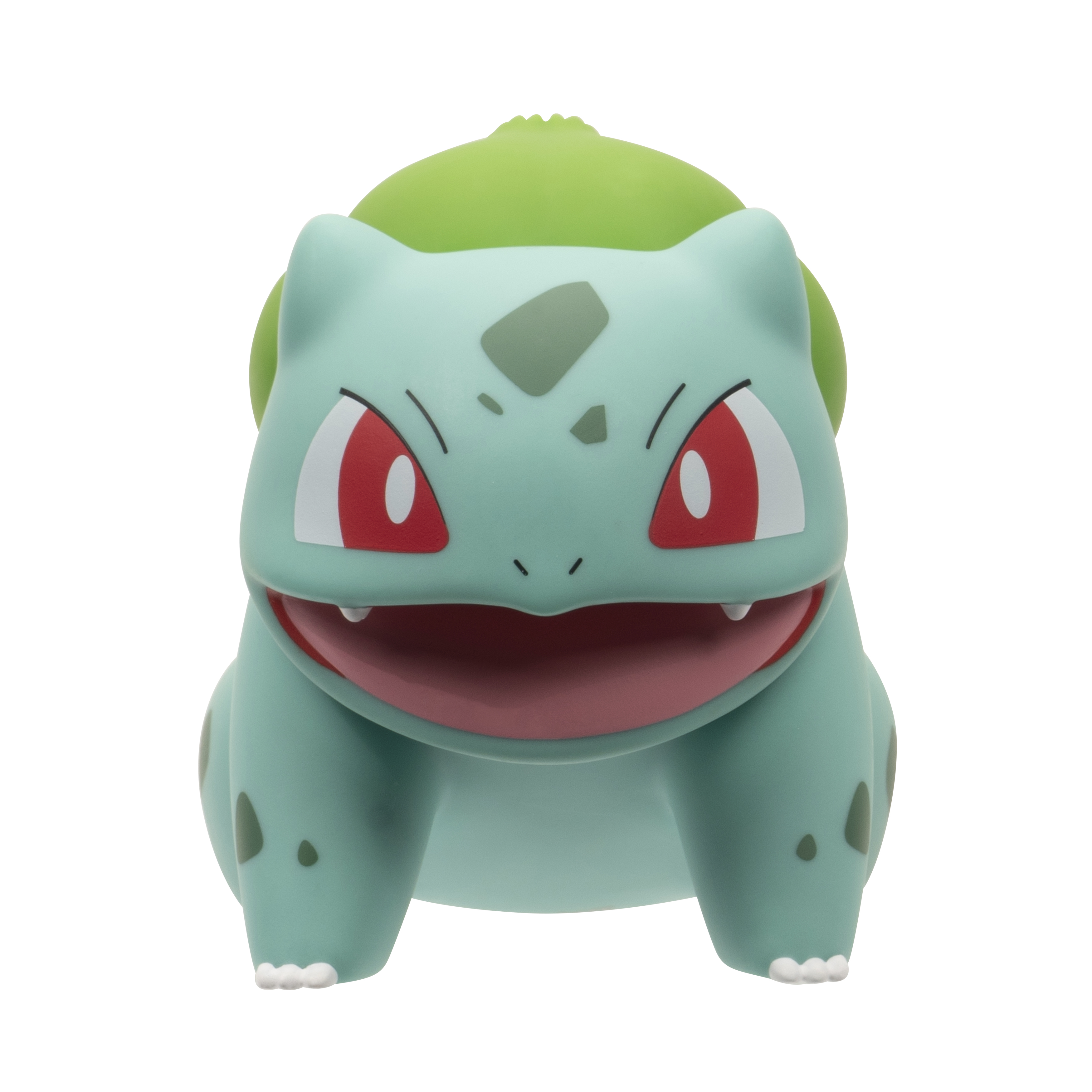 Eine Bulbasaur-Spielfigur. Türkisfarbener Körper, grüne Knolle, rote Augen.