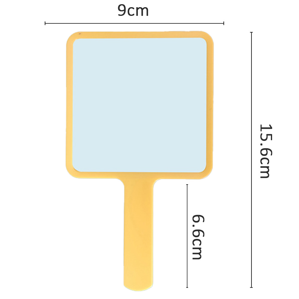 Gelber Handspiegel mit quadratischer Spiegelfläche, mit angegebenen Abmessungen, vor weißem Hintergrund.