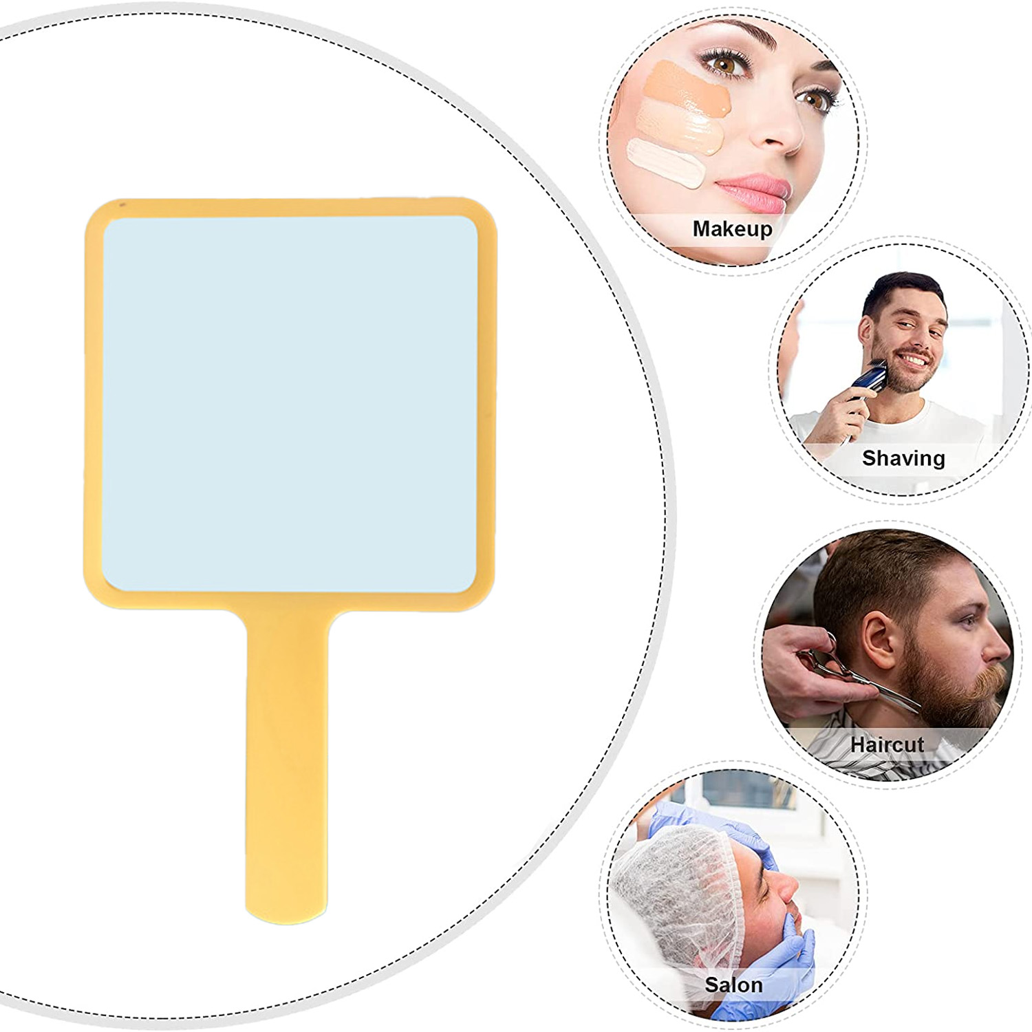 Gelbgriffiger Handspiegel mit Make-up-, Rasur-, Haarschnitt- und Salonbildern.