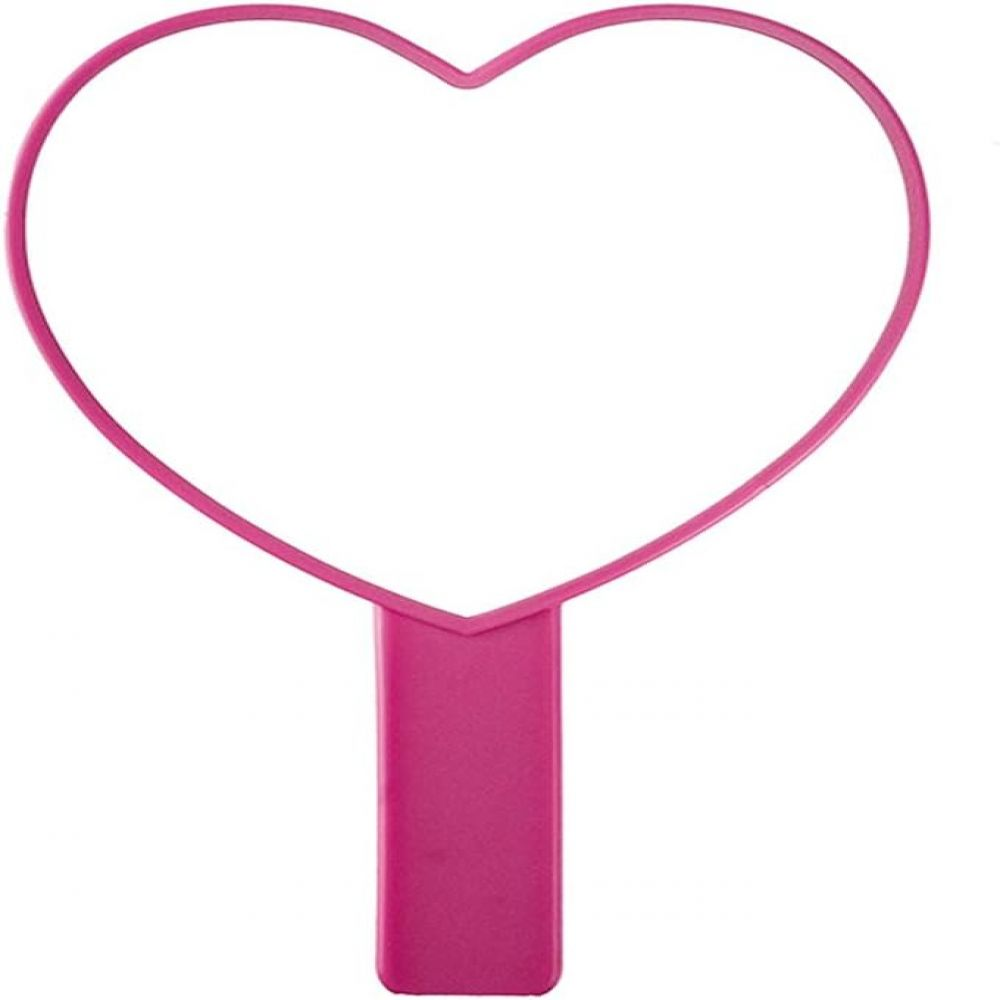 Handspiegel in Herzform, pink mit pinkem Griff. Der Spiegel ist vor weißem Hintergrund.
