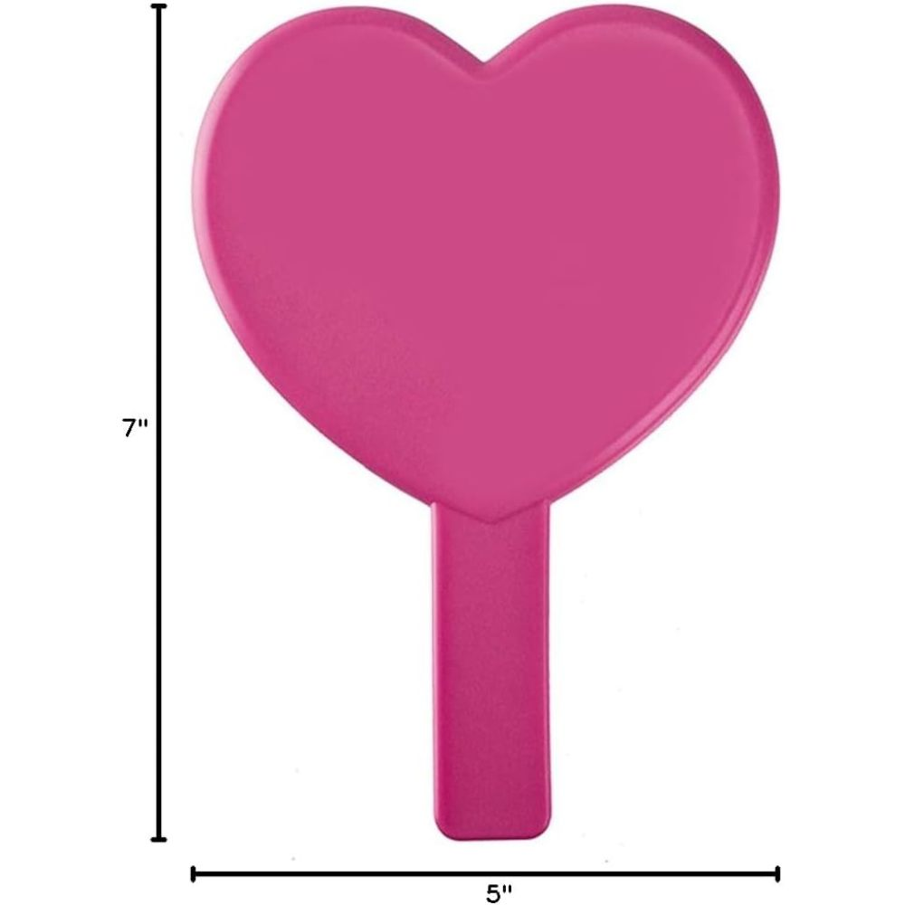 Ein rosa herzförmiger Handspiegel, 7 Zoll hoch und 5 Zoll breit.