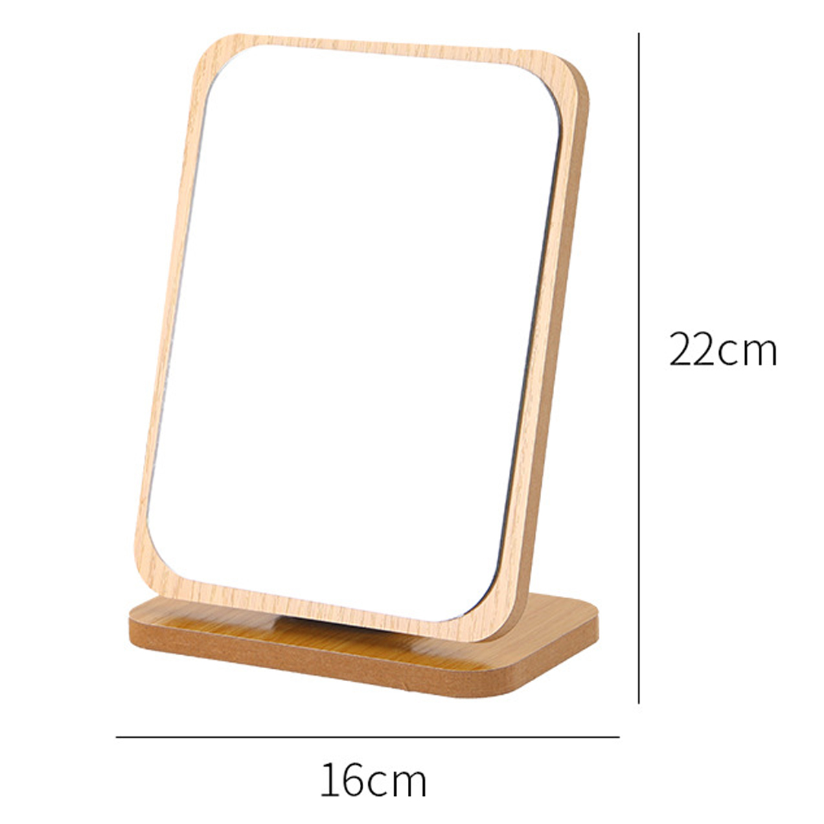 Holzgerahmter Spiegel auf einem Holzsockel. Maße: 22 cm hoch und 16 cm breit.