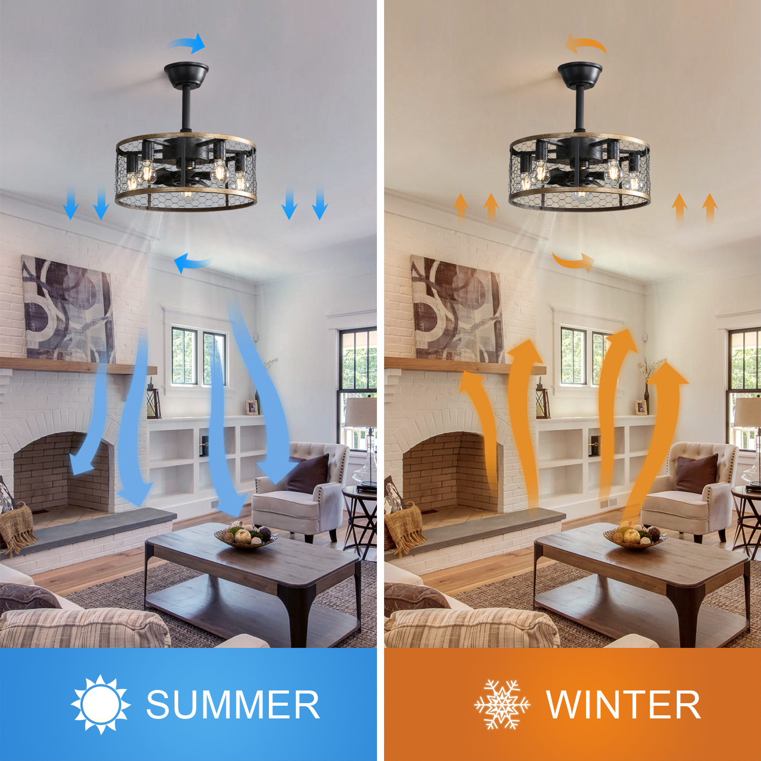 Zwei Bilder, die die Sommer- und Winter-Ventilatorrichtung vergleichen. Sommer: nach unten. Winter: nach oben. Wohnzimmer im Hintergrund.