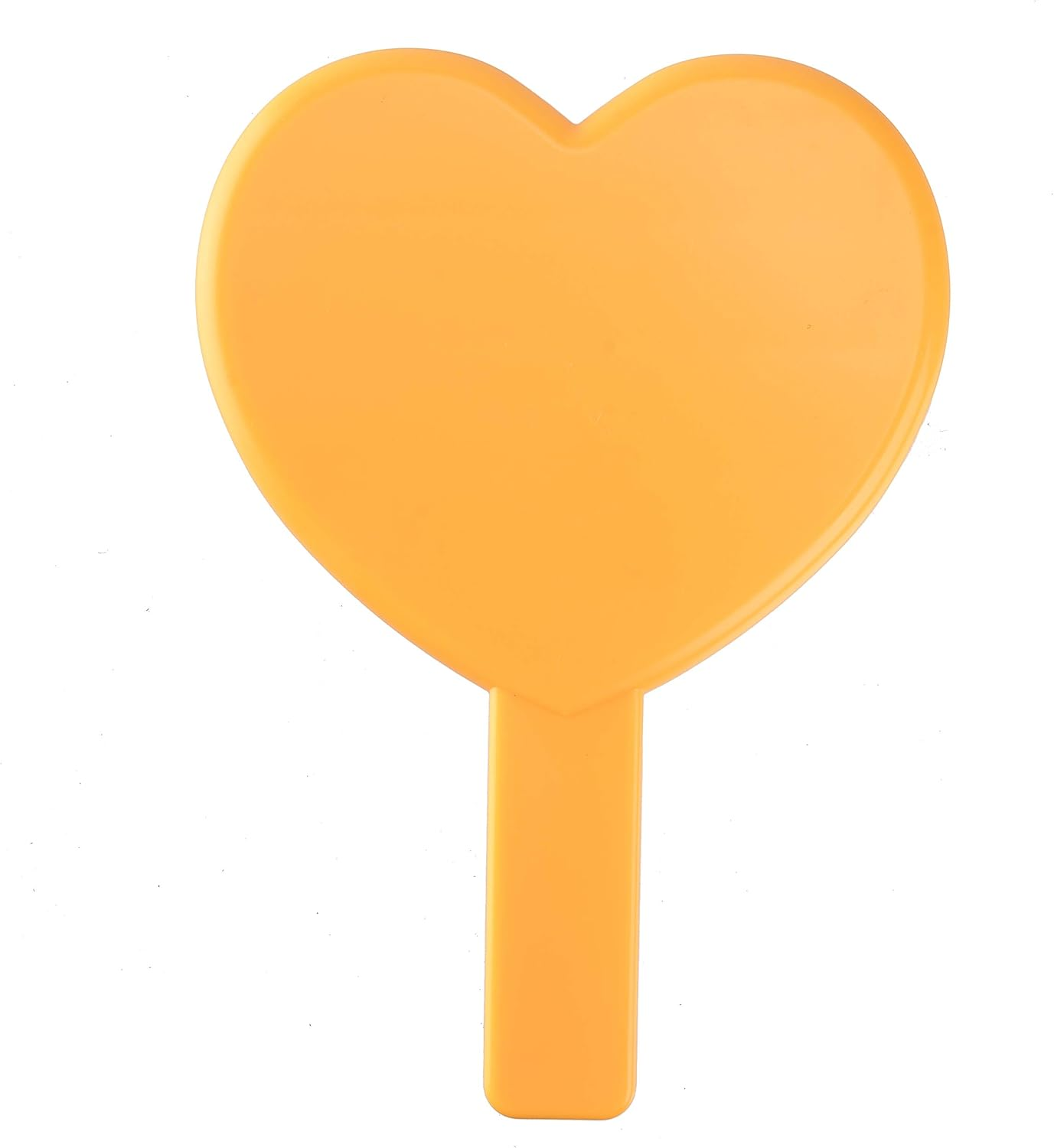 Oranger herzförmiger Handspiegel mit langem Griff, weißer Hintergrund.