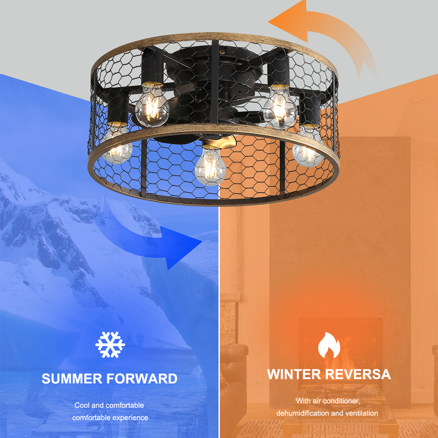 Deckenventilator mit Lichtern. Zeigt Sommer- und Winterfunktionen mit Pfeilen und Text.