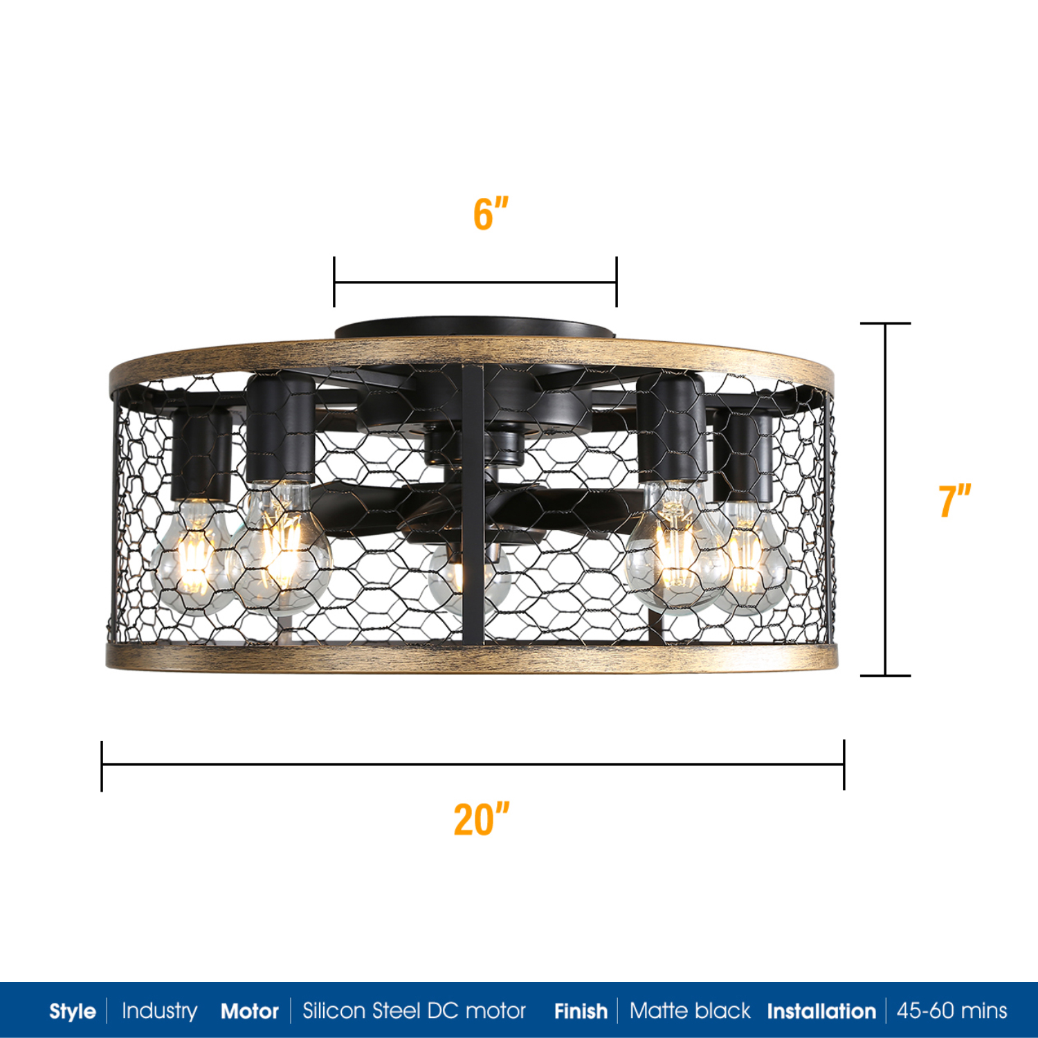 Runder Deckenventilator mit Drahtgitter und Holzrahmen. Inklusive Glühbirnen und Abmessungen.