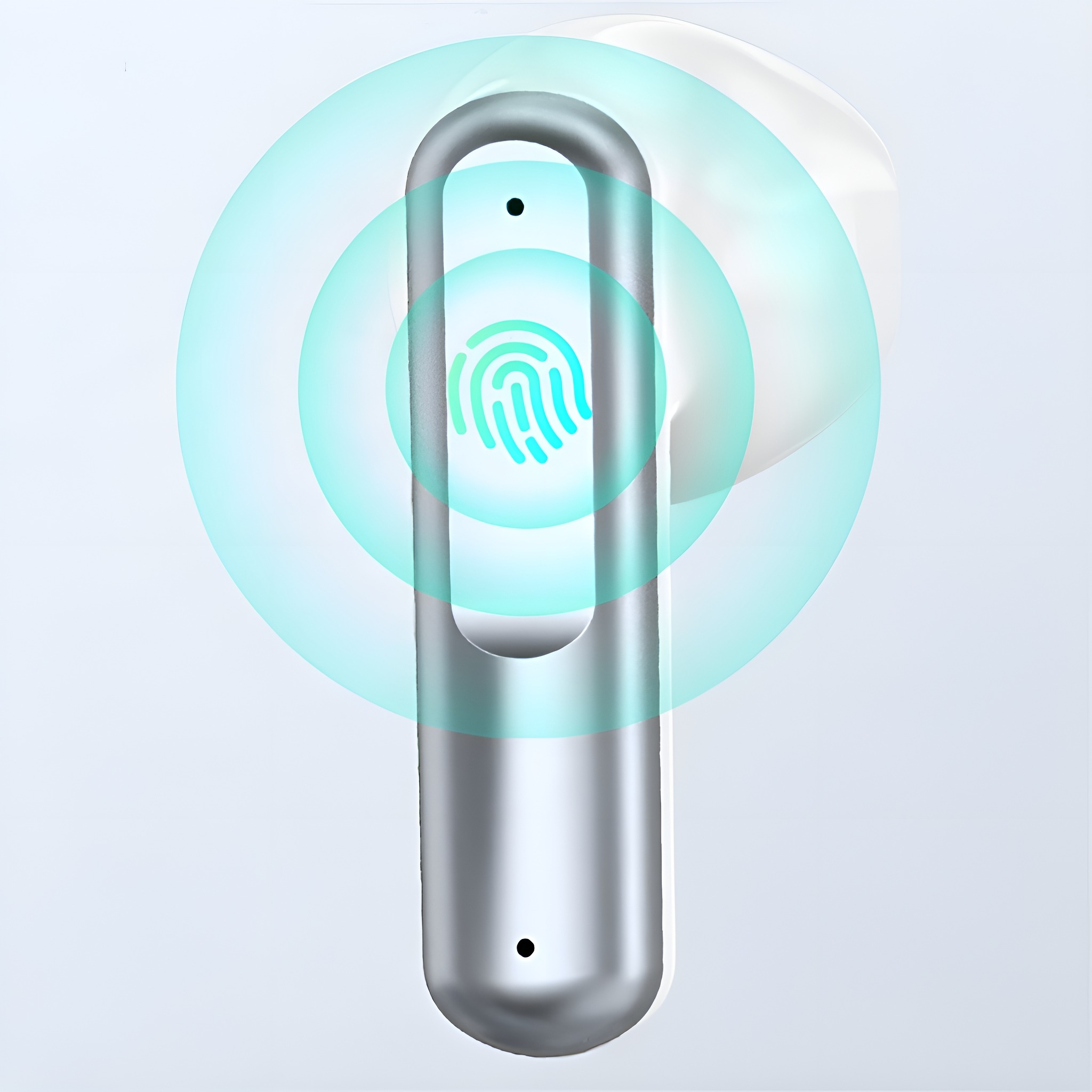 Ein silberner Türgriff mit Fingerabdrucksensor. Ein blauer Kreis mit einem Fingerabdrucksymbol umgibt ihn.