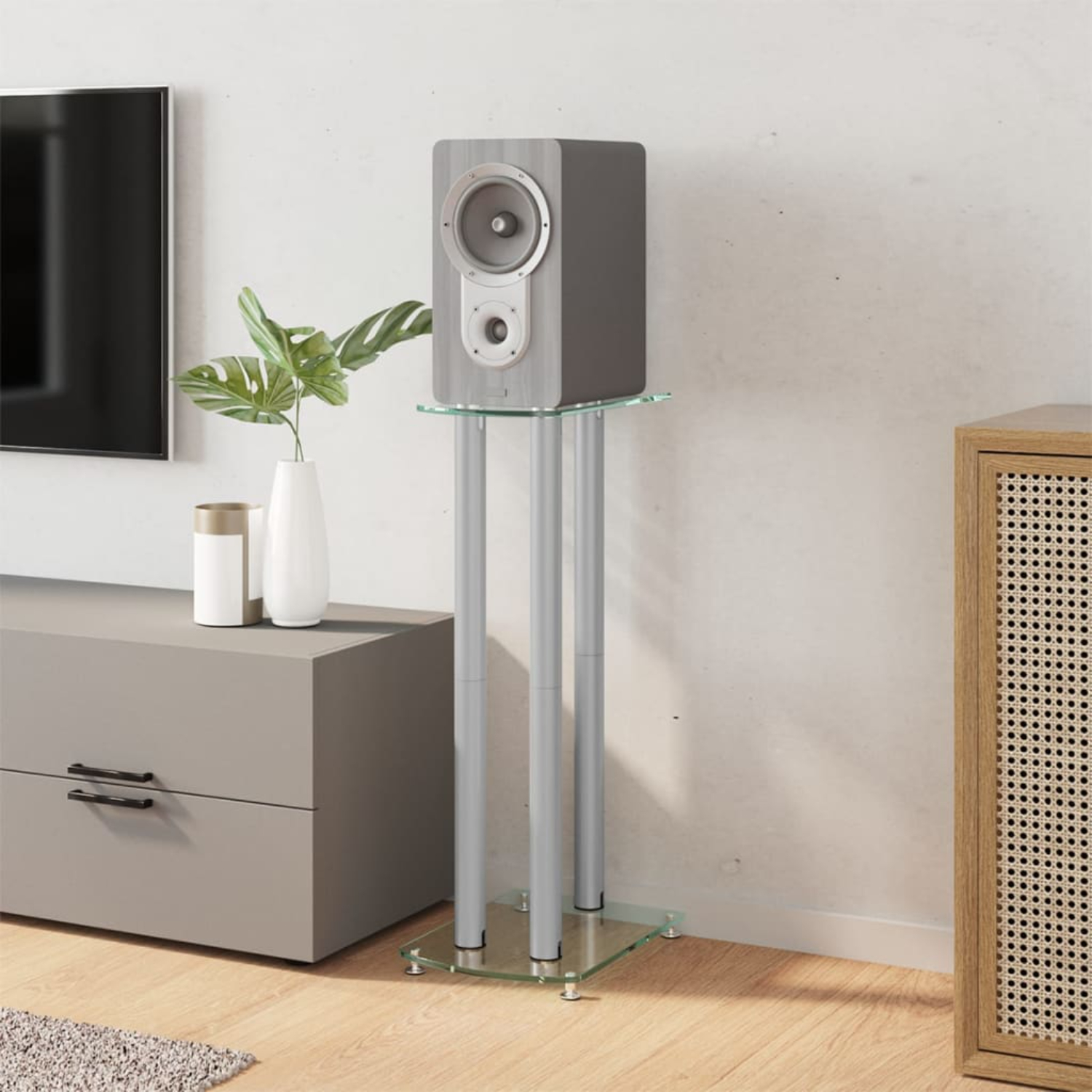 Lautsprecher auf Ständer. Vase mit Pflanze. Holzschrank im Hintergrund.