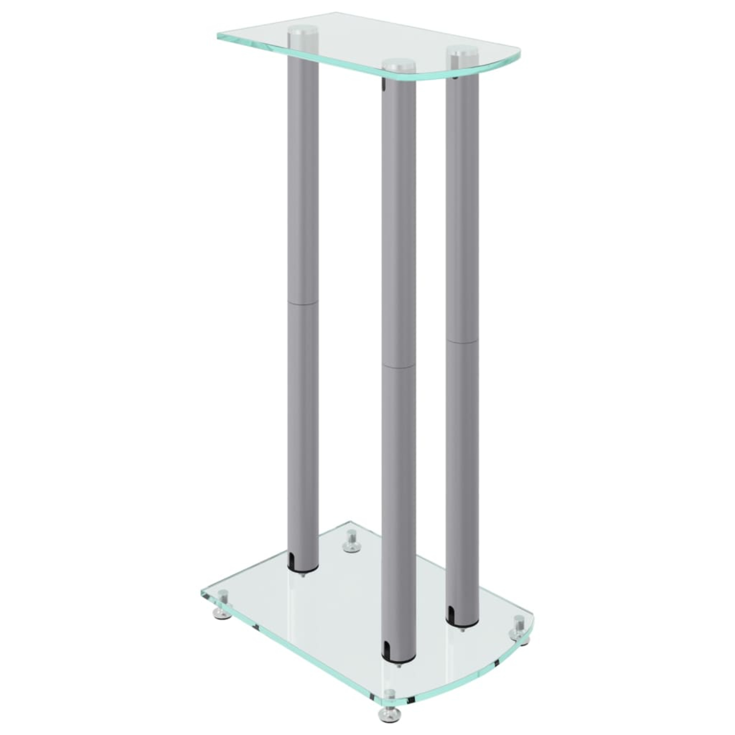 Ein gläserner Beistelltisch mit drei Metallbeinen. Er hat einen kleinen Glasboden.