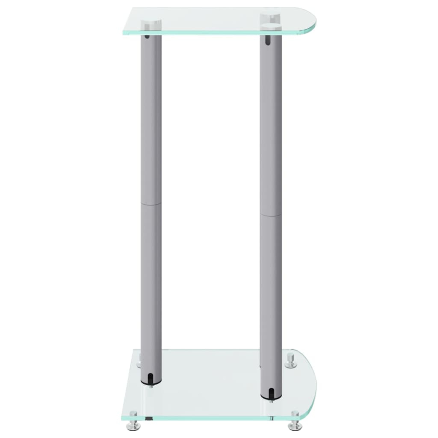 Transparenter Glasrednerpult mit silbernen Stützen und Boden. Weißer Hintergrund.