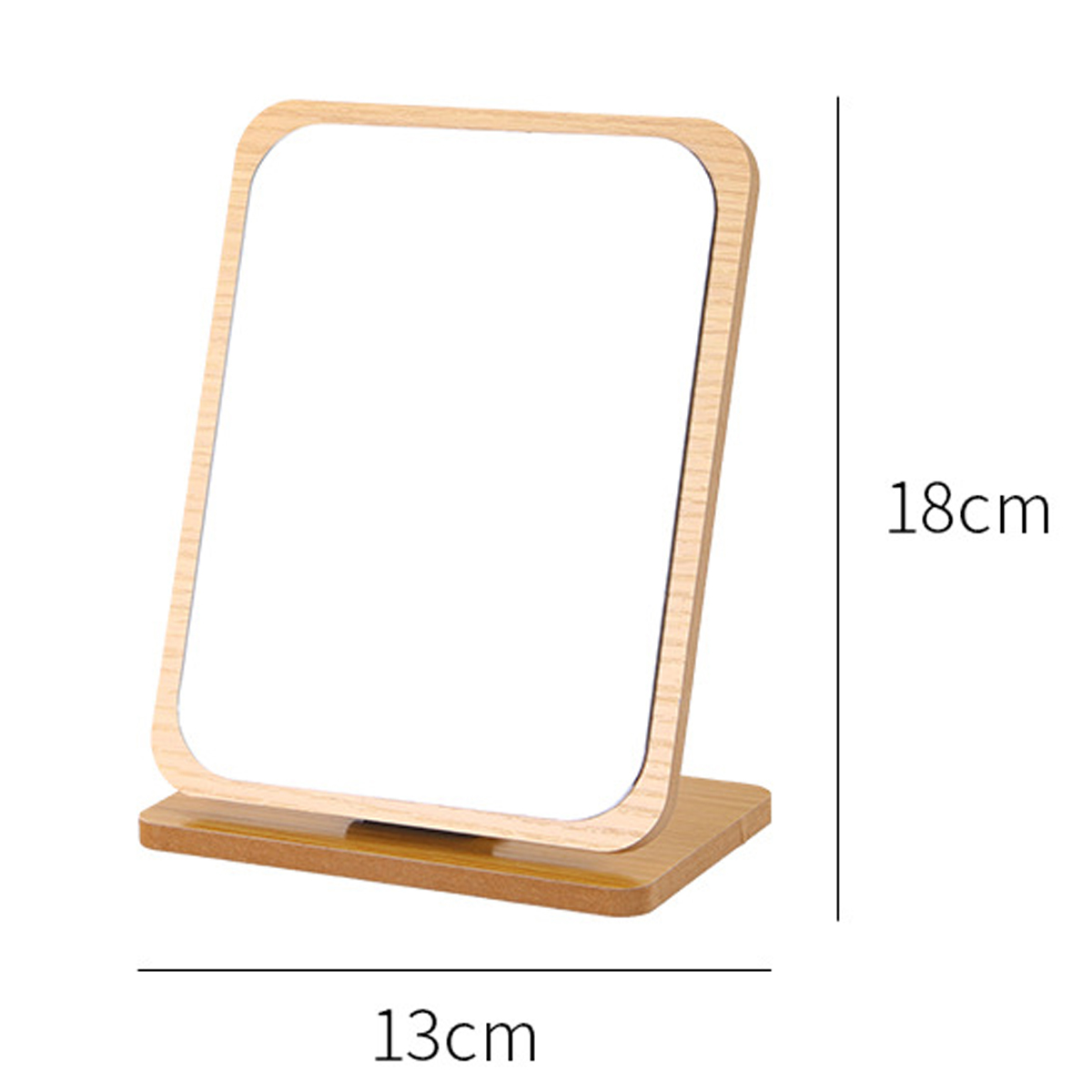 Ein rechteckiger Holzspiegel auf einem Sockel, mit den Abmessungen 13x18cm. Die Abmessungen sind mit schwarzen Linien beschriftet.