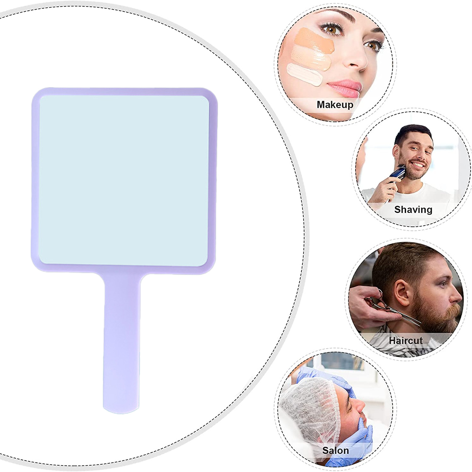 Handspiegel mit Beauty-Icons: Make-up, Rasur, Haarschnitt, Salon.