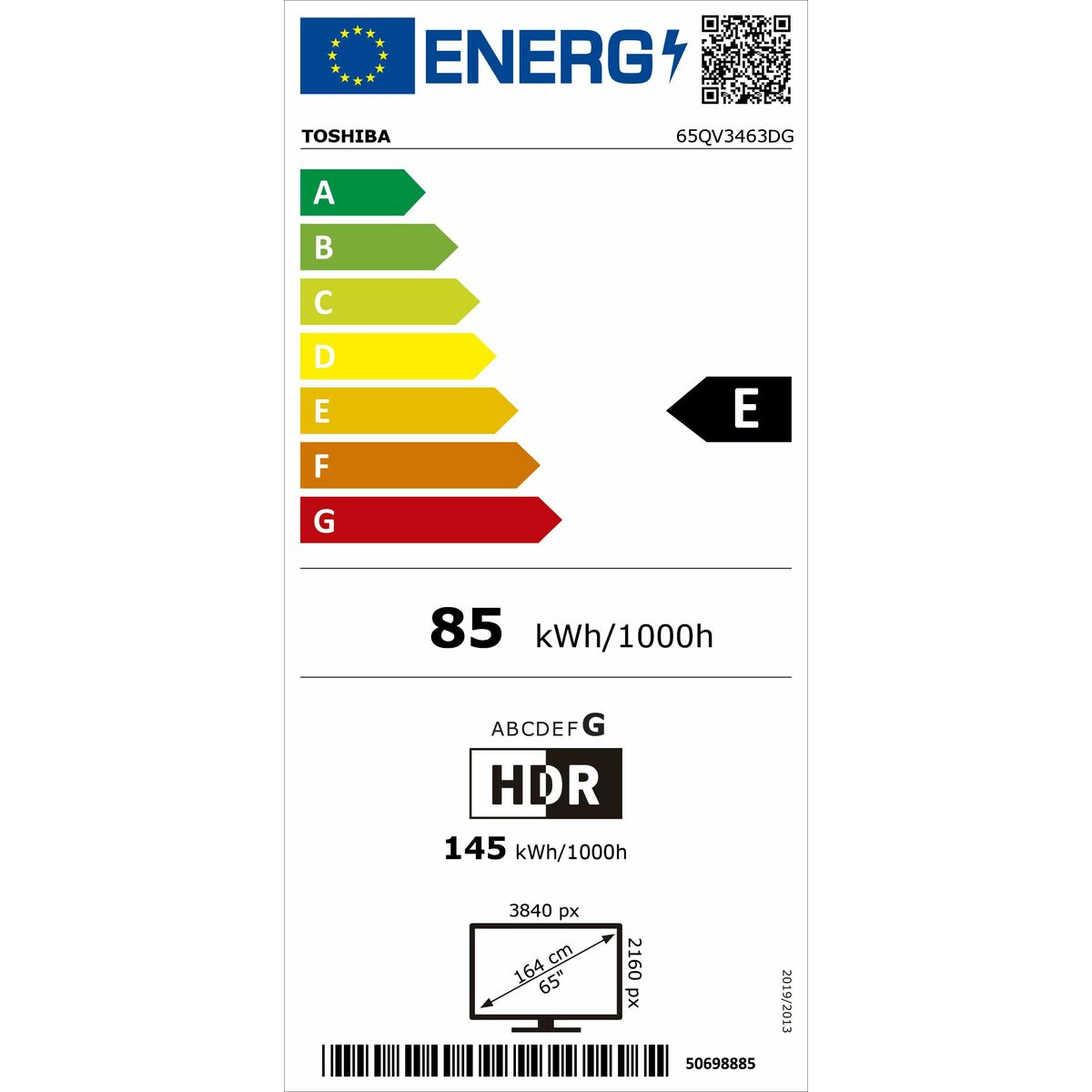 Etiqueta energética para un televisor Toshiba. Muestra la clasificación, el consumo y el tamaño.