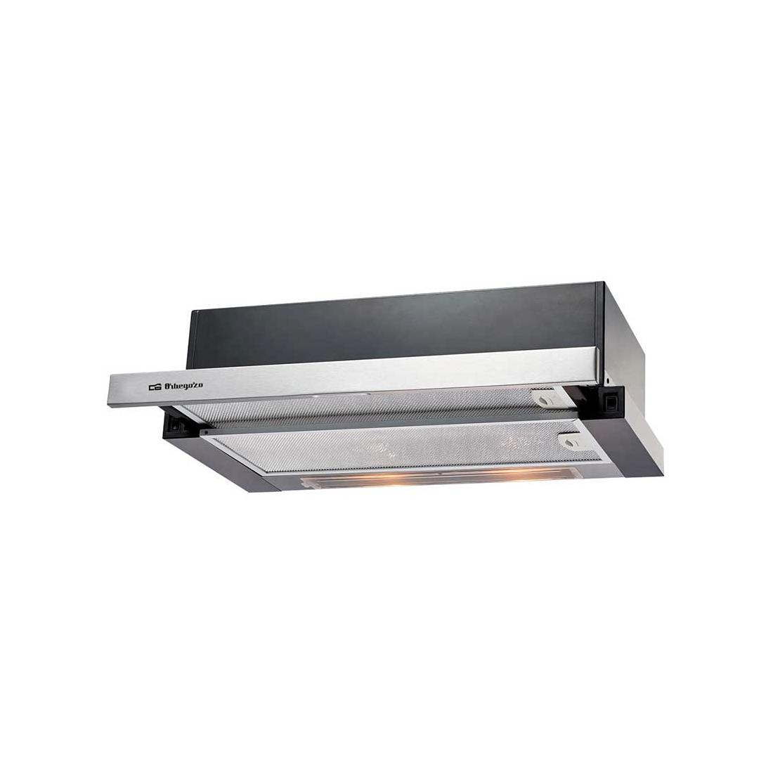 Una campana extractora de cocina de acero inoxidable y negra. Tiene un filtro, luces y una marca. El fondo es blanco.