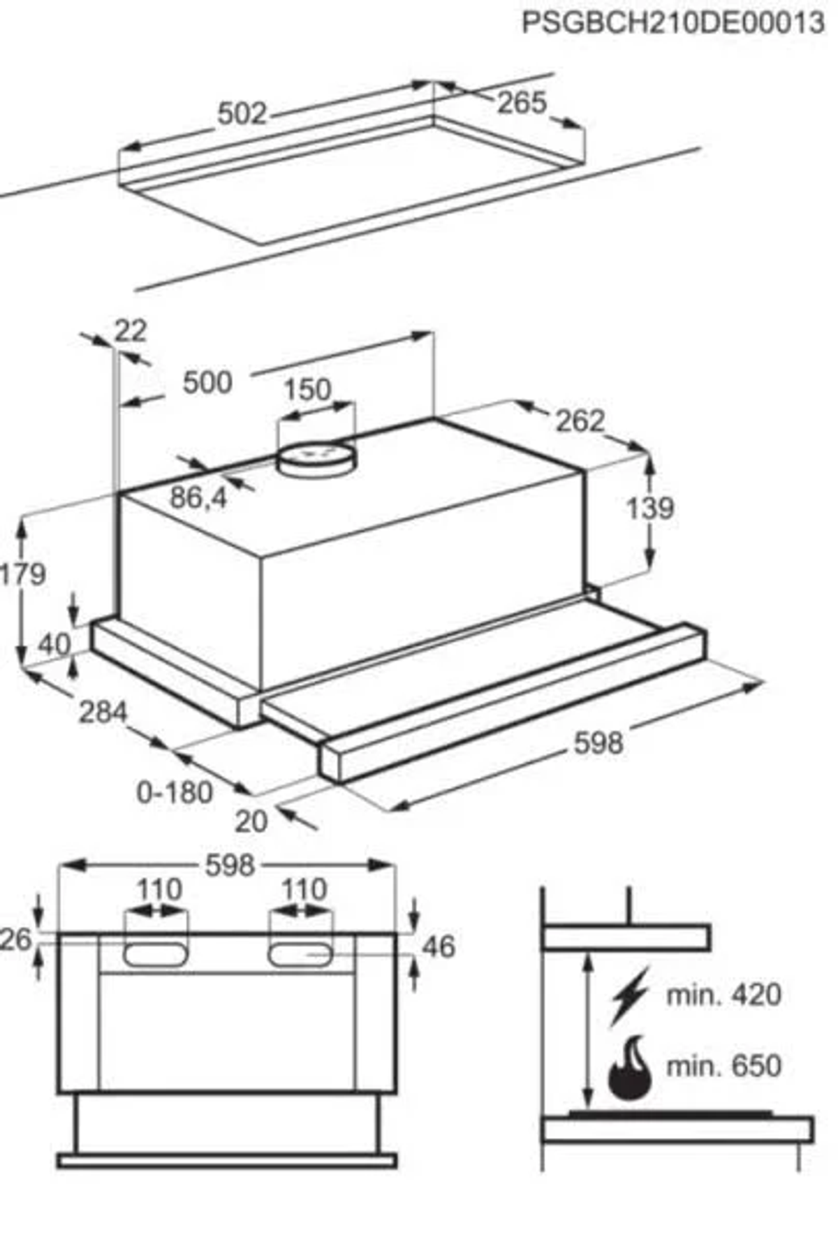 Dibujo técnico de una campana extractora, con dimensiones en milímetros. Muestra vistas superior, lateral y frontal.