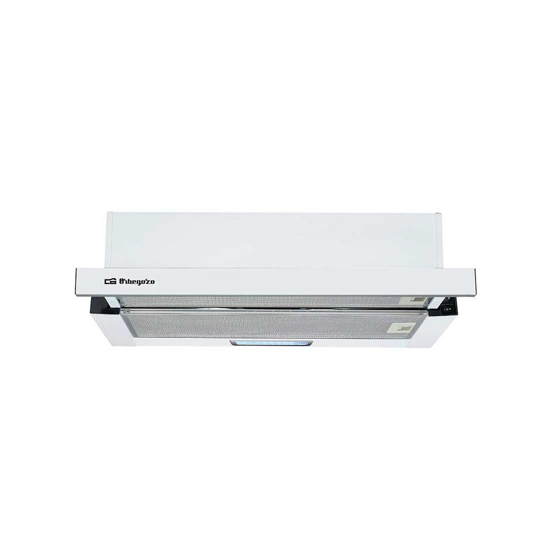 Una campana extractora blanca con forma rectangular y logotipo Orbegozo.