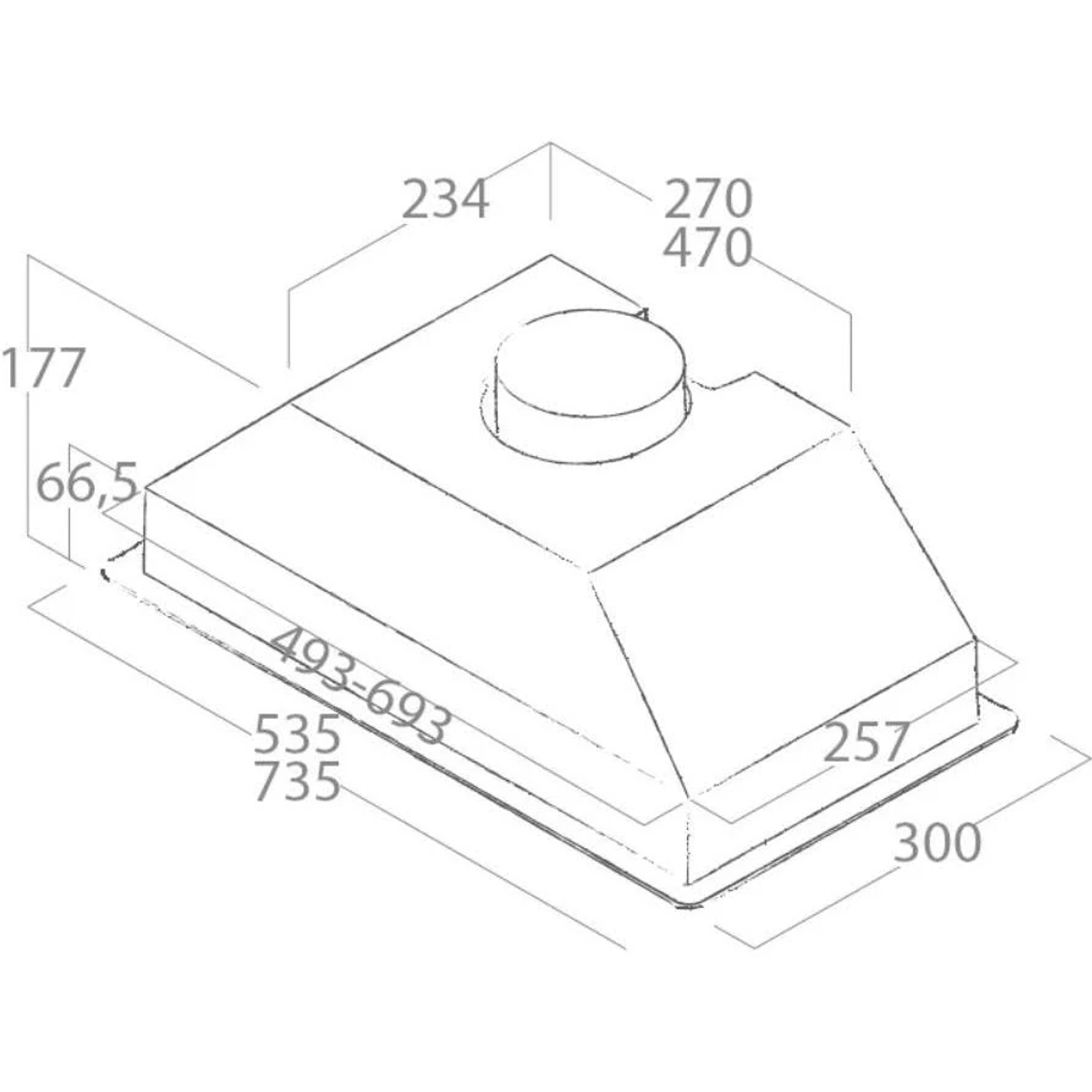 Disegno tecnico di una cappa da cucina con dimensioni e forme.