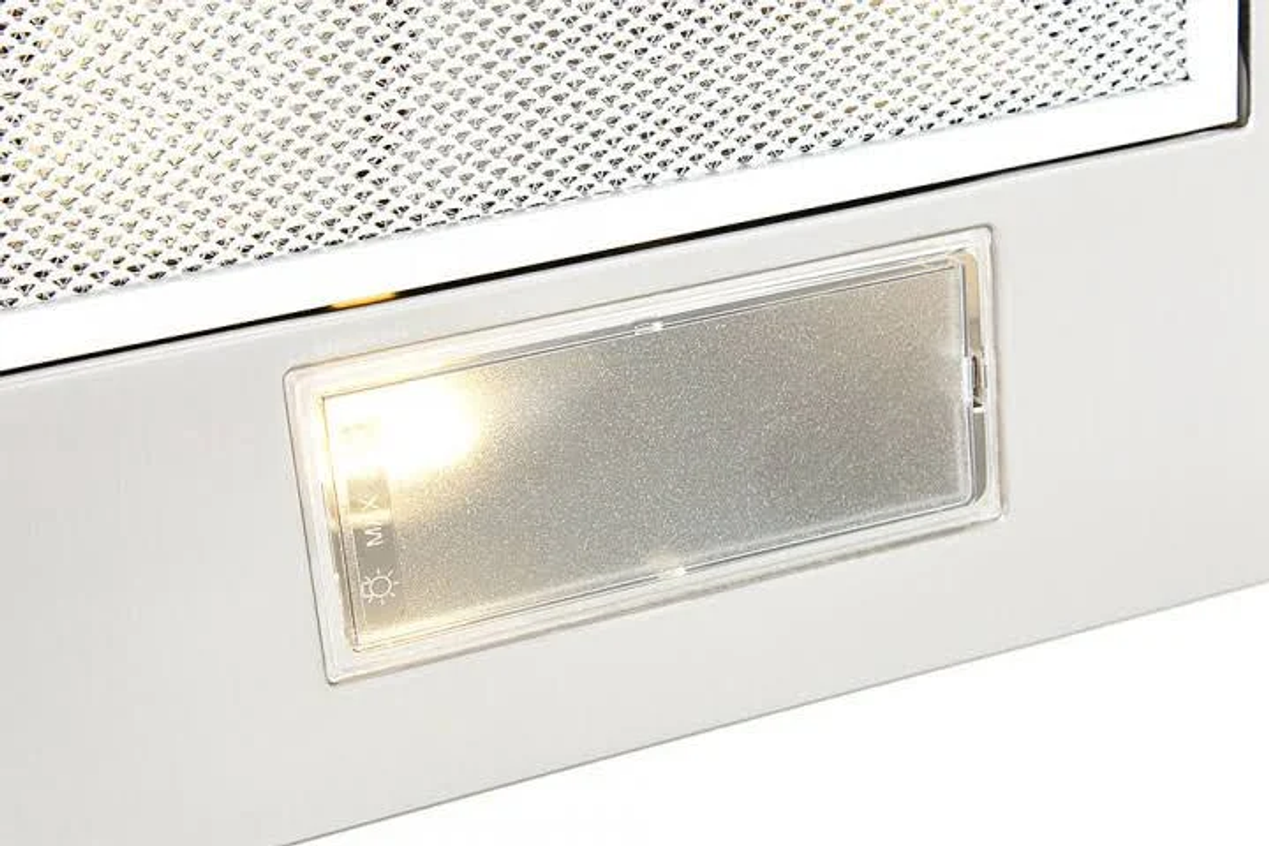 Primo piano di un elettrodomestico bianco con luce. C'è un pannello trasparente con icone di controllo della luce.