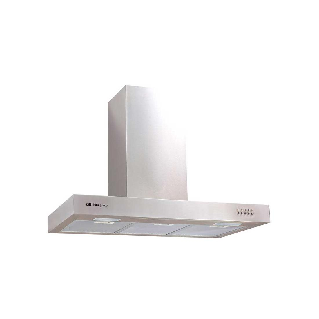 Cappa da cucina Intergrata, finitura in acciaio inox, su sfondo bianco.