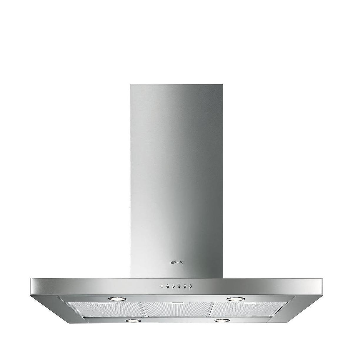 Cappa da cucina in acciaio inox con luci e comandi, centrata su sfondo bianco.