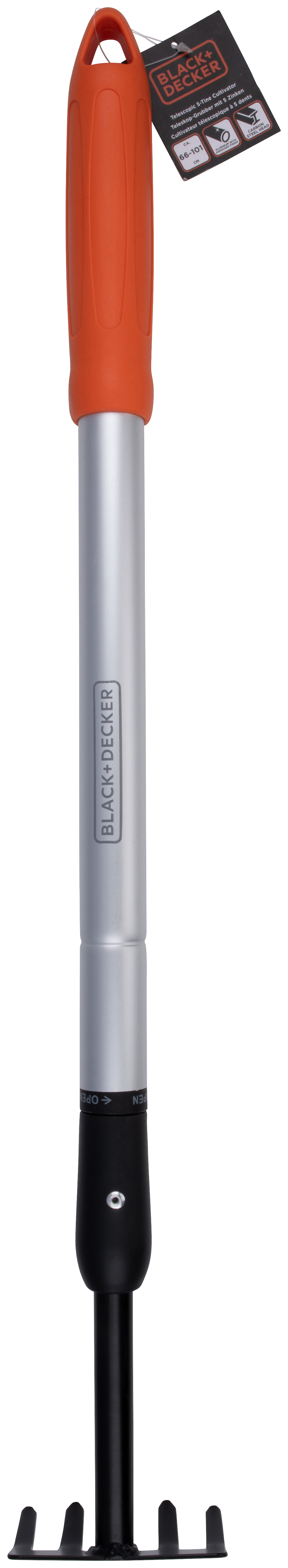 Black and silver garden rake with an orange handle. The rake has a black tines.